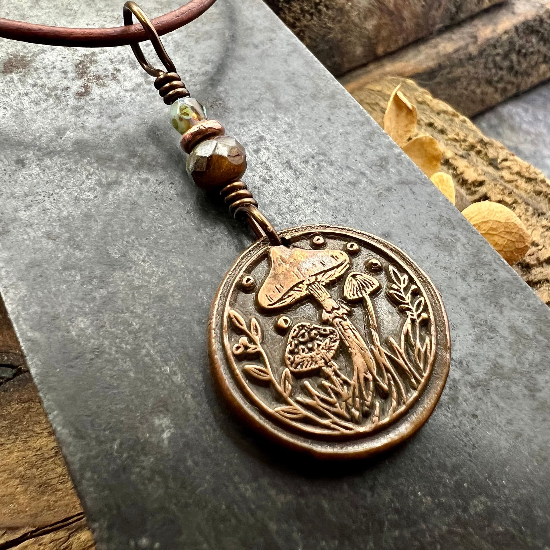 Mushroom Copper Pendant, Wax Seal Charm, Czech Glass Beads, Green Witch Jewelry, Earthy Rustic, Fungi Necklace, Leather and Vegan Cords