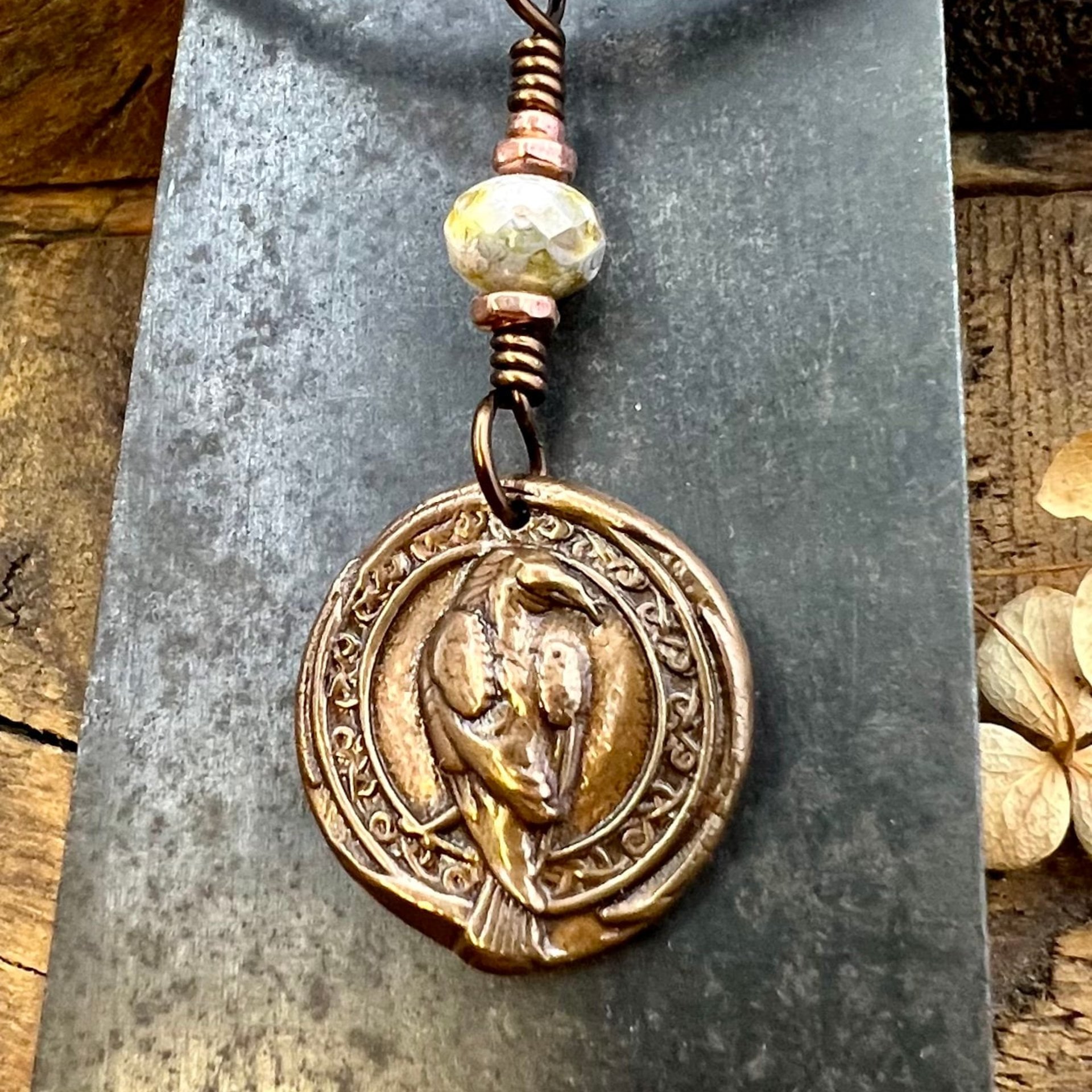 Raven Copper Pendant, Irish Celtic, Czech Glass, Leather & Vegan Cords, Corvids Bird Lovers, Handmade Art Jewelry, Celtic Witch, Messengers