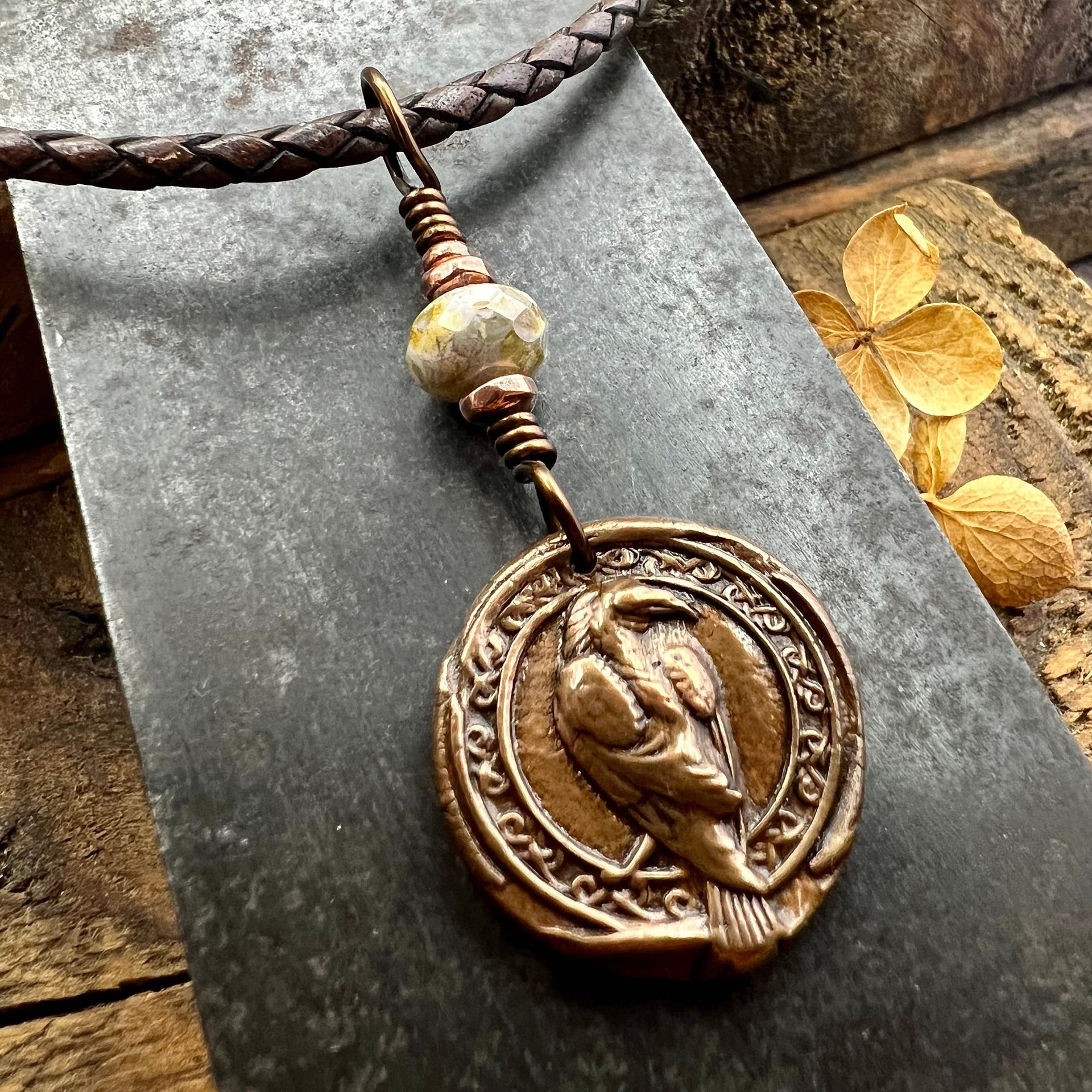 Raven Copper Pendant, Irish Celtic, Czech Glass, Leather & Vegan Cords, Corvids Bird Lovers, Handmade Art Jewelry, Celtic Witch, Messengers