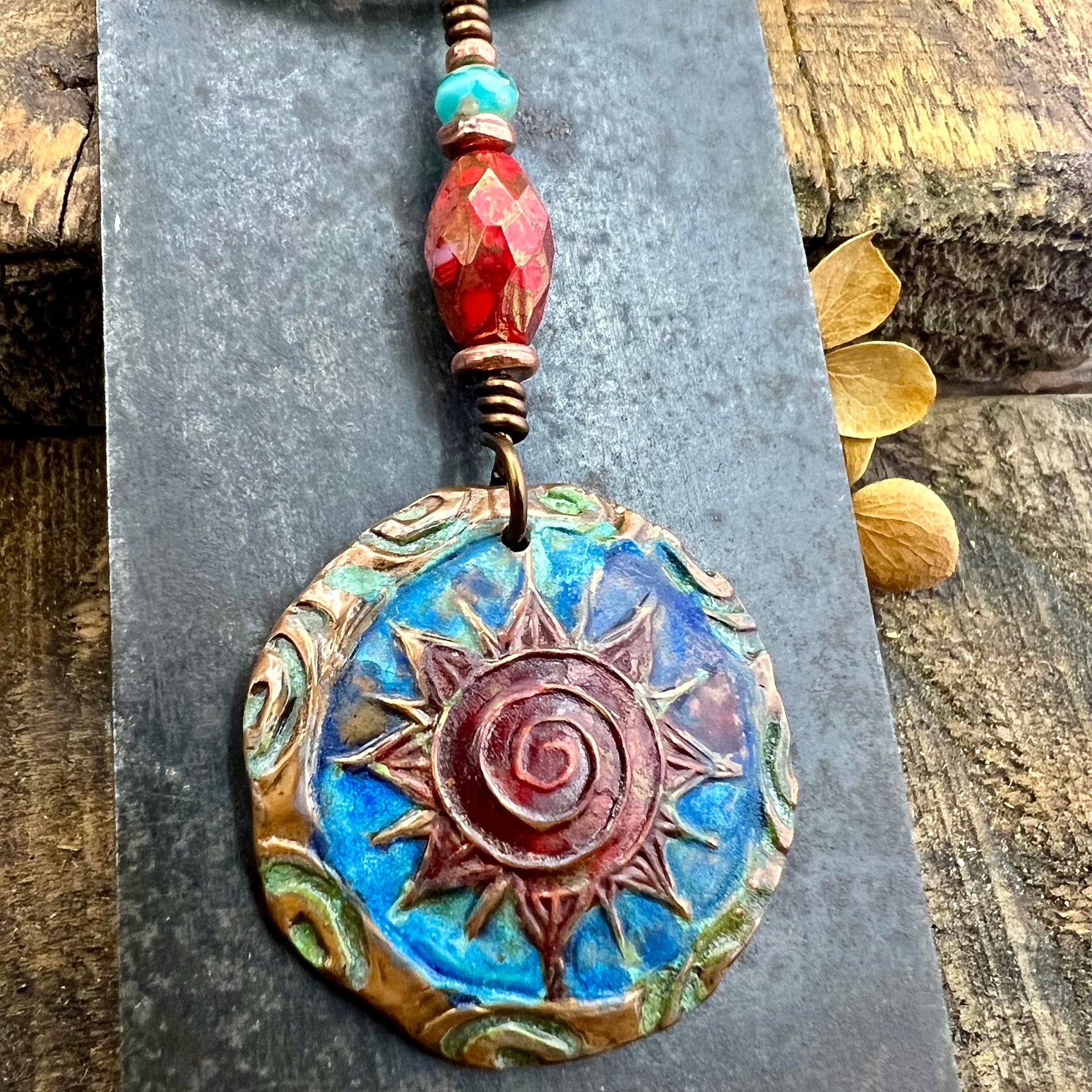 Celtic Sun Spiral Necklace, Copper Patina Pendant, Czech Glass Beads, Irish Celtic Spirals, Colorful Sun, Blue Red, Pagan Celtic Witch Gift