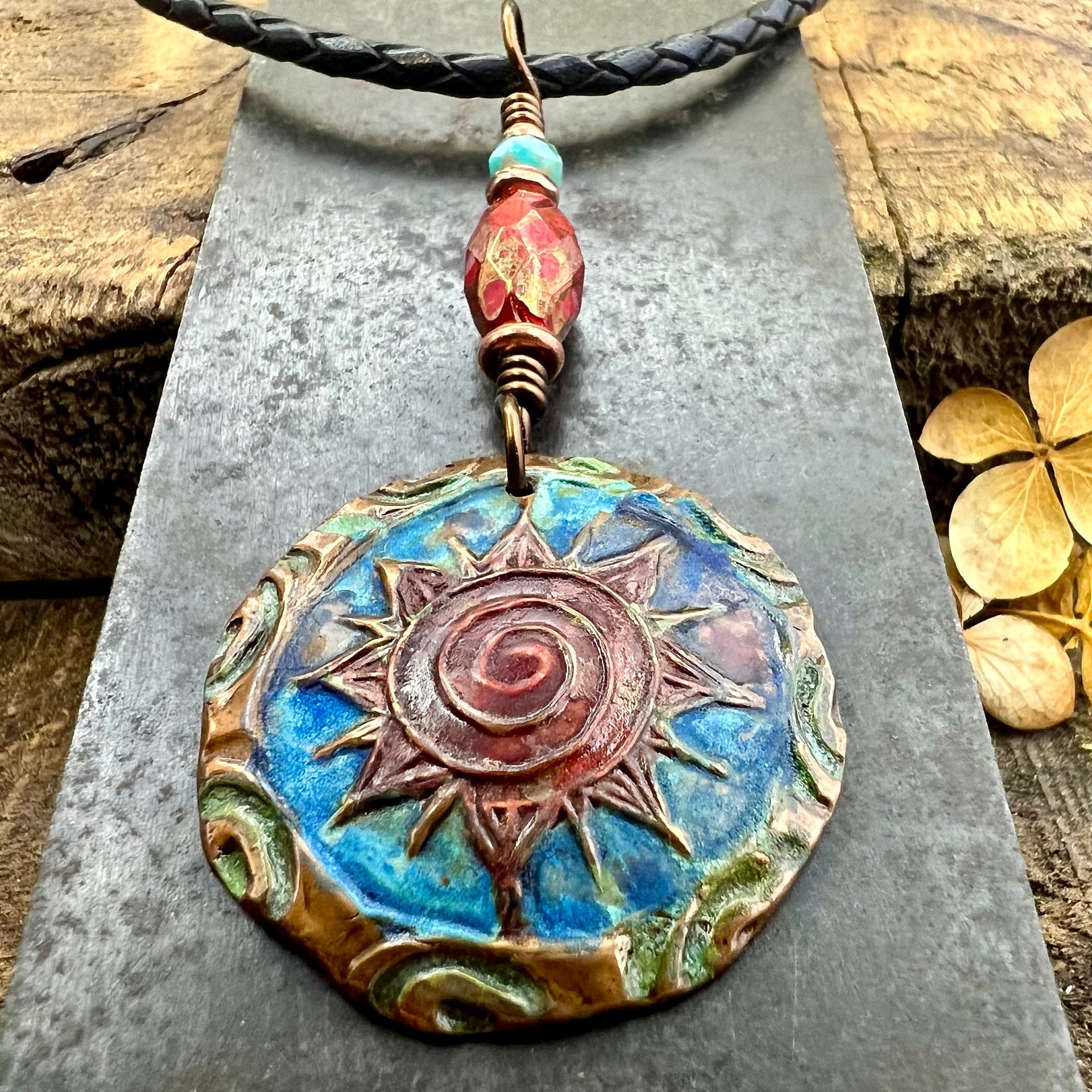 Celtic Sun Spiral Necklace, Copper Patina Pendant, Czech Glass Beads, Irish Celtic Spirals, Colorful Sun, Blue Red, Pagan Celtic Witch Gift
