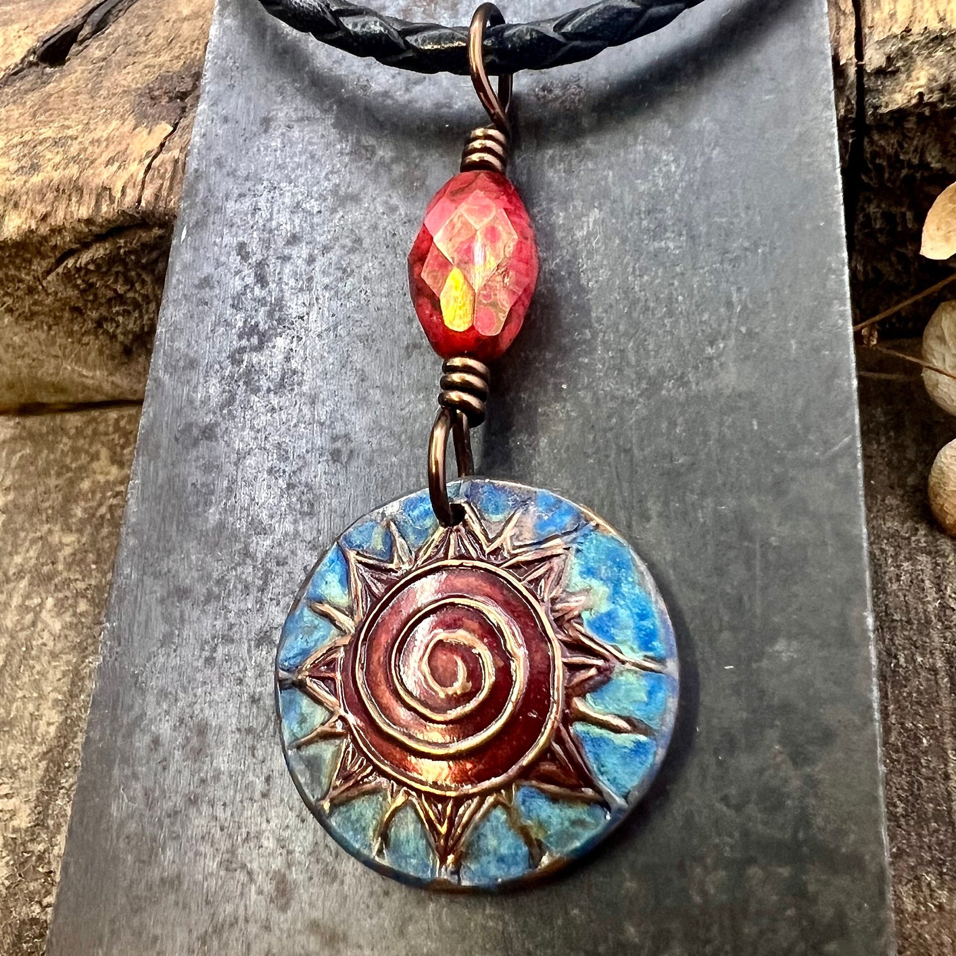 Celtic Sun Spiral Necklace, Copper Patina Pendant, Czech Glass Beads, Irish Celtic Spirals, Colorful Sun, Summer Jewelry, Pagan Celtic Witch