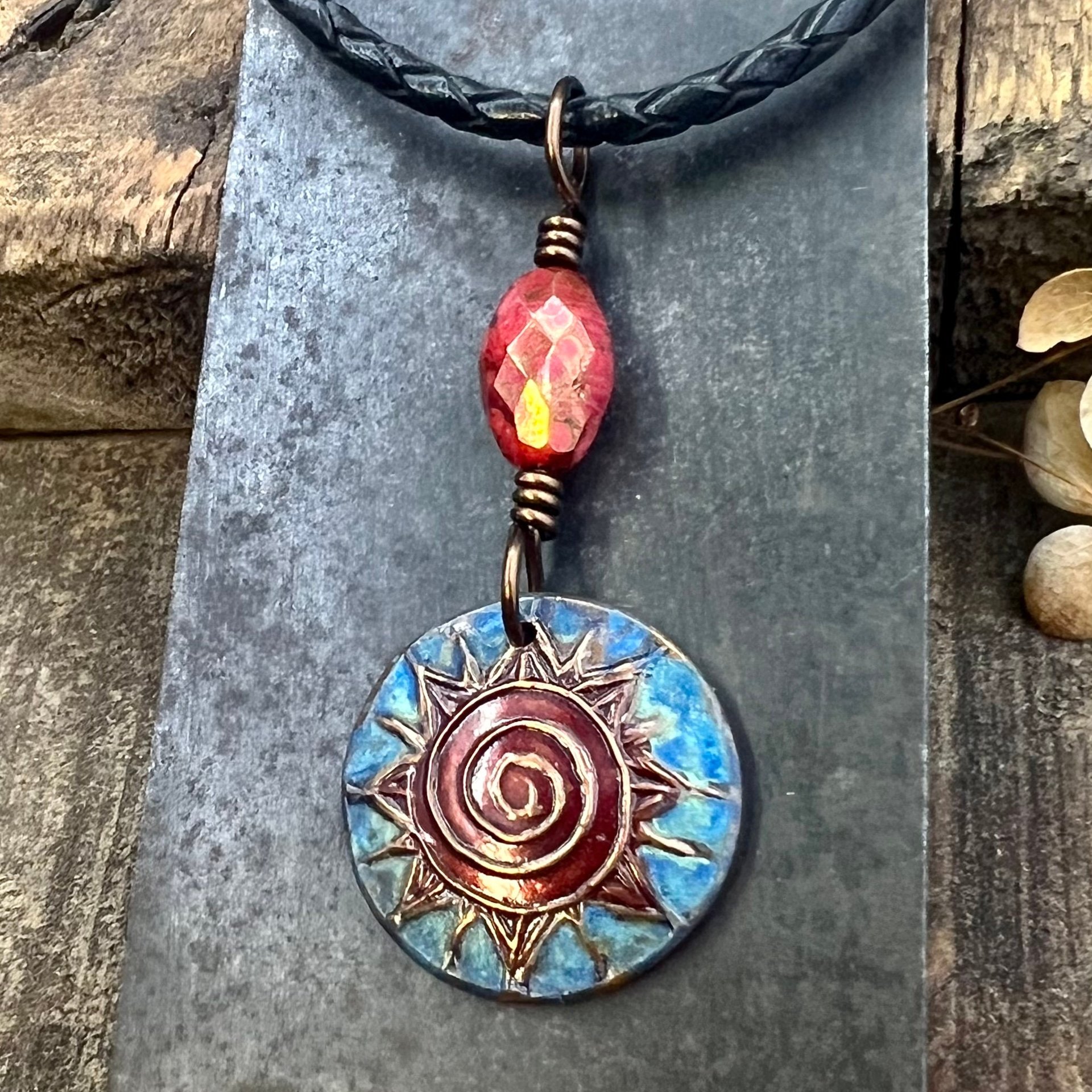 Celtic Sun Spiral Necklace, Copper Patina Pendant, Czech Glass Beads, Irish Celtic Spirals, Colorful Sun, Summer Jewelry, Pagan Celtic Witch
