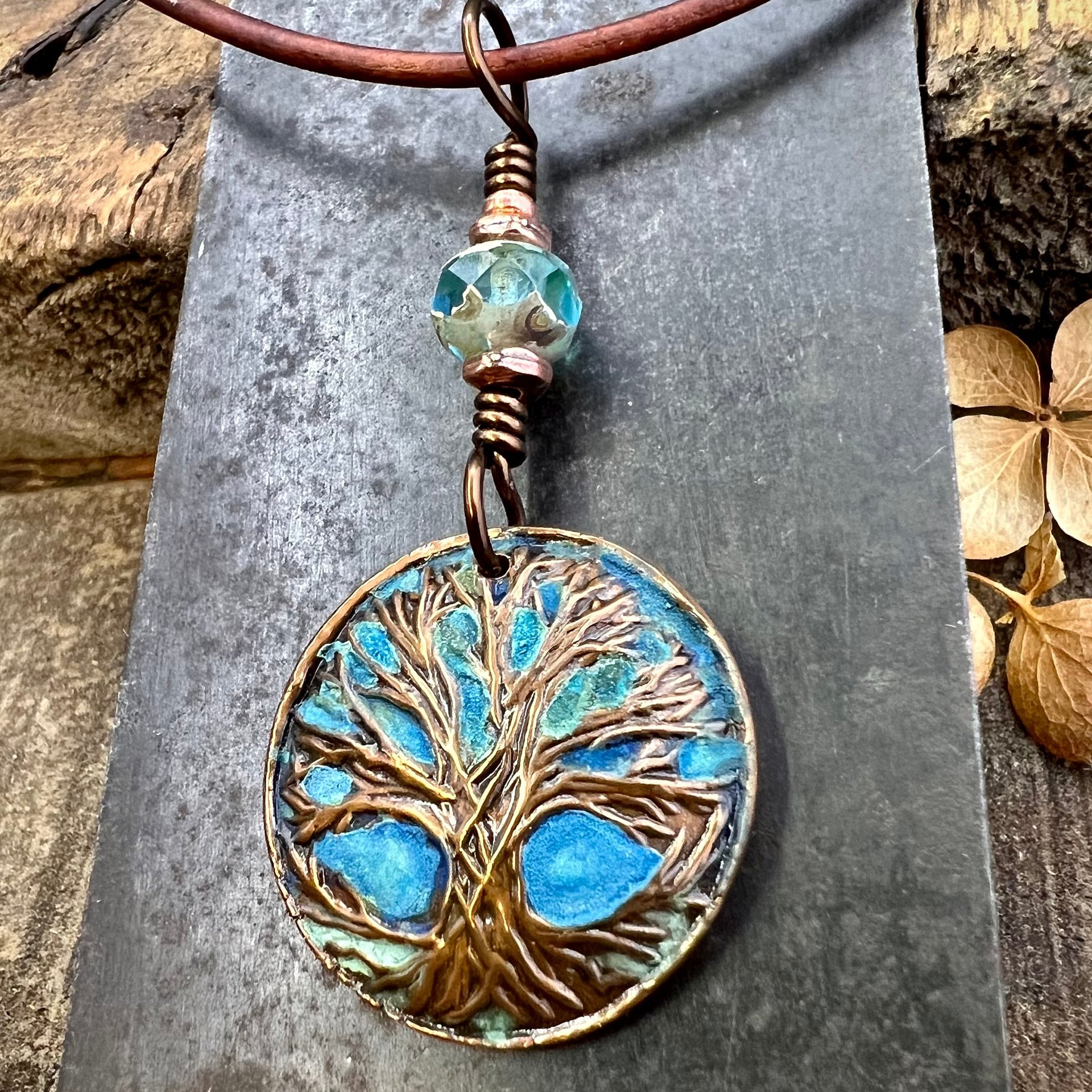 Tree of Life Pendant, Copper Colorful Patina, Connemara Marble, Hand Carved, Irish Celtic Spirals, Celtic Witch Goddess, Ancient Earthy Art