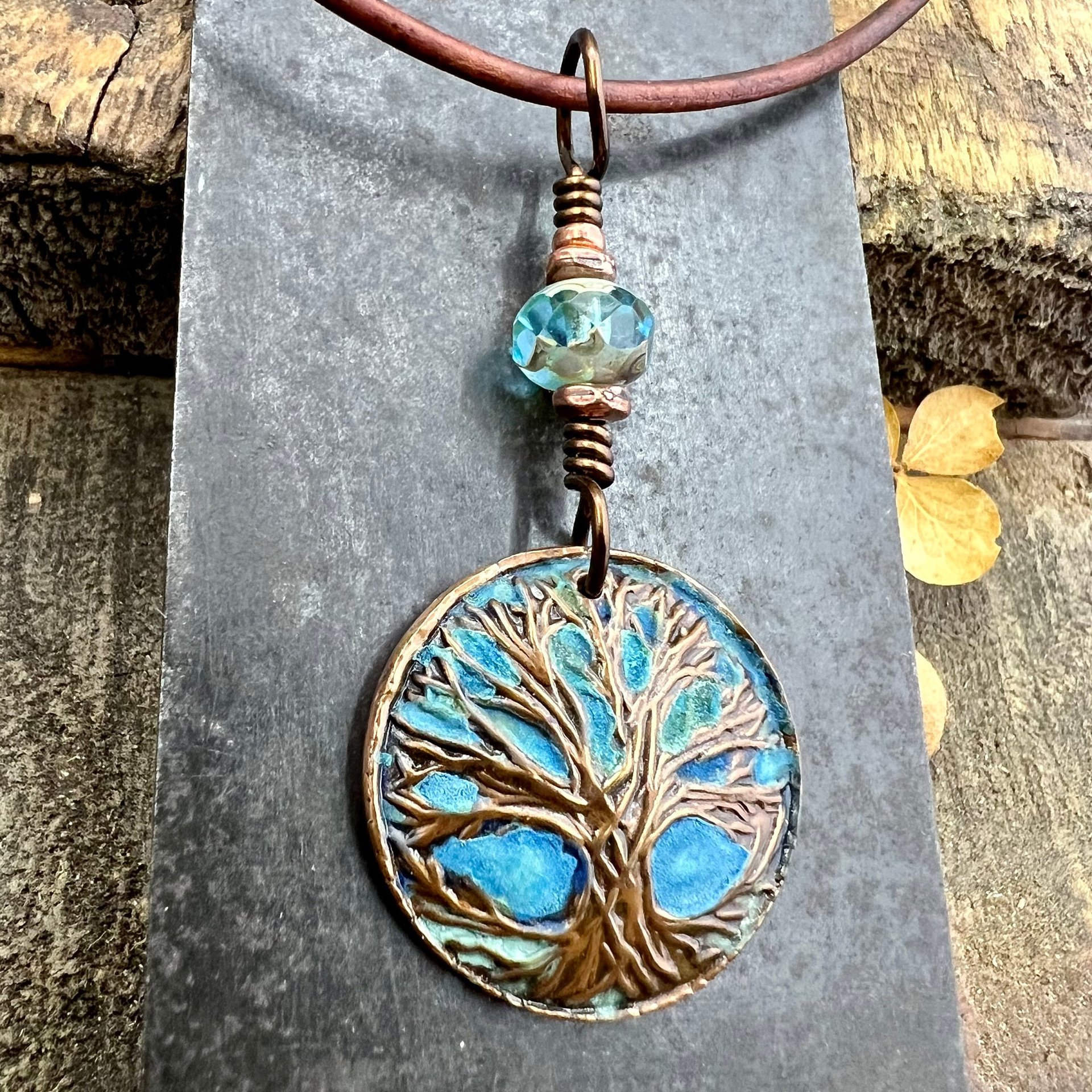 Tree of Life Pendant, Copper Colorful Patina, Connemara Marble, Hand Carved, Irish Celtic Spirals, Celtic Witch Goddess, Ancient Earthy Art