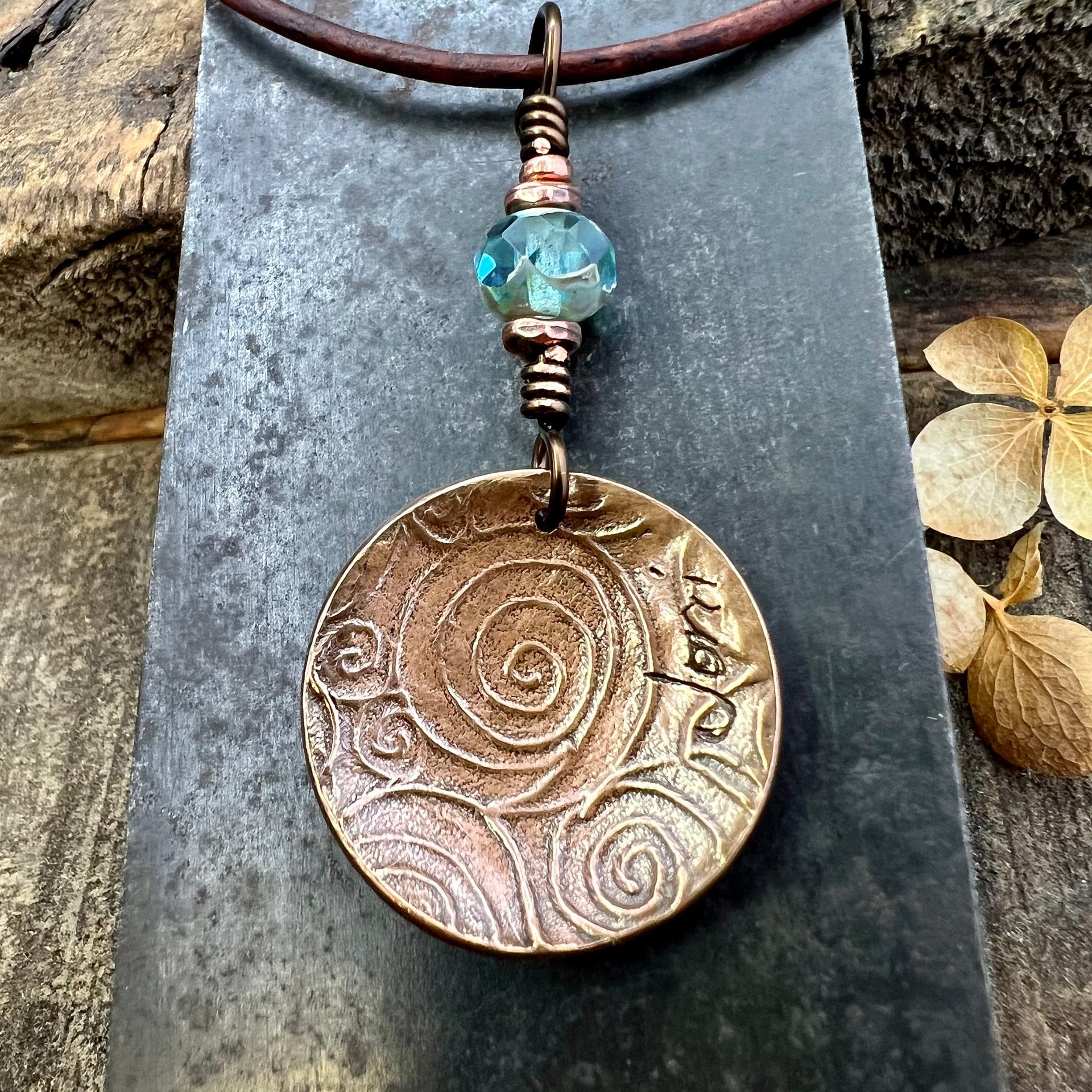 Tree of Life Pendant, Copper Colorful Patina, Connemara Marble, Hand Carved, Irish Celtic Spirals, Celtic Witch Goddess, Ancient Earthy Art
