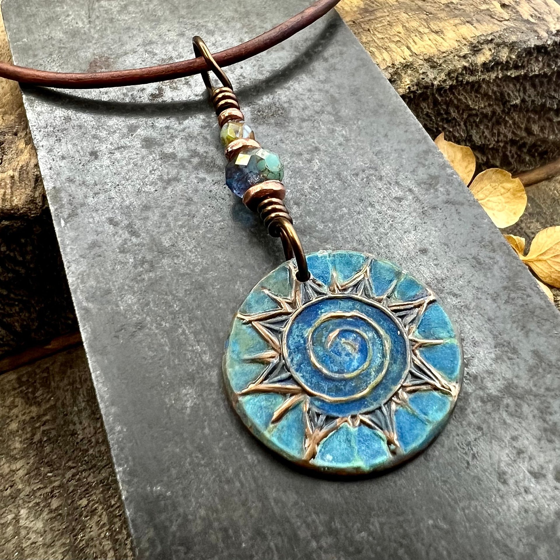 Celtic Sun Spiral Necklace, Copper Patina Pendant, Czech Glass Beads, Irish Celtic Spirals, Colorful Sun, Summer Jewelry, Pagan Celtic Witch