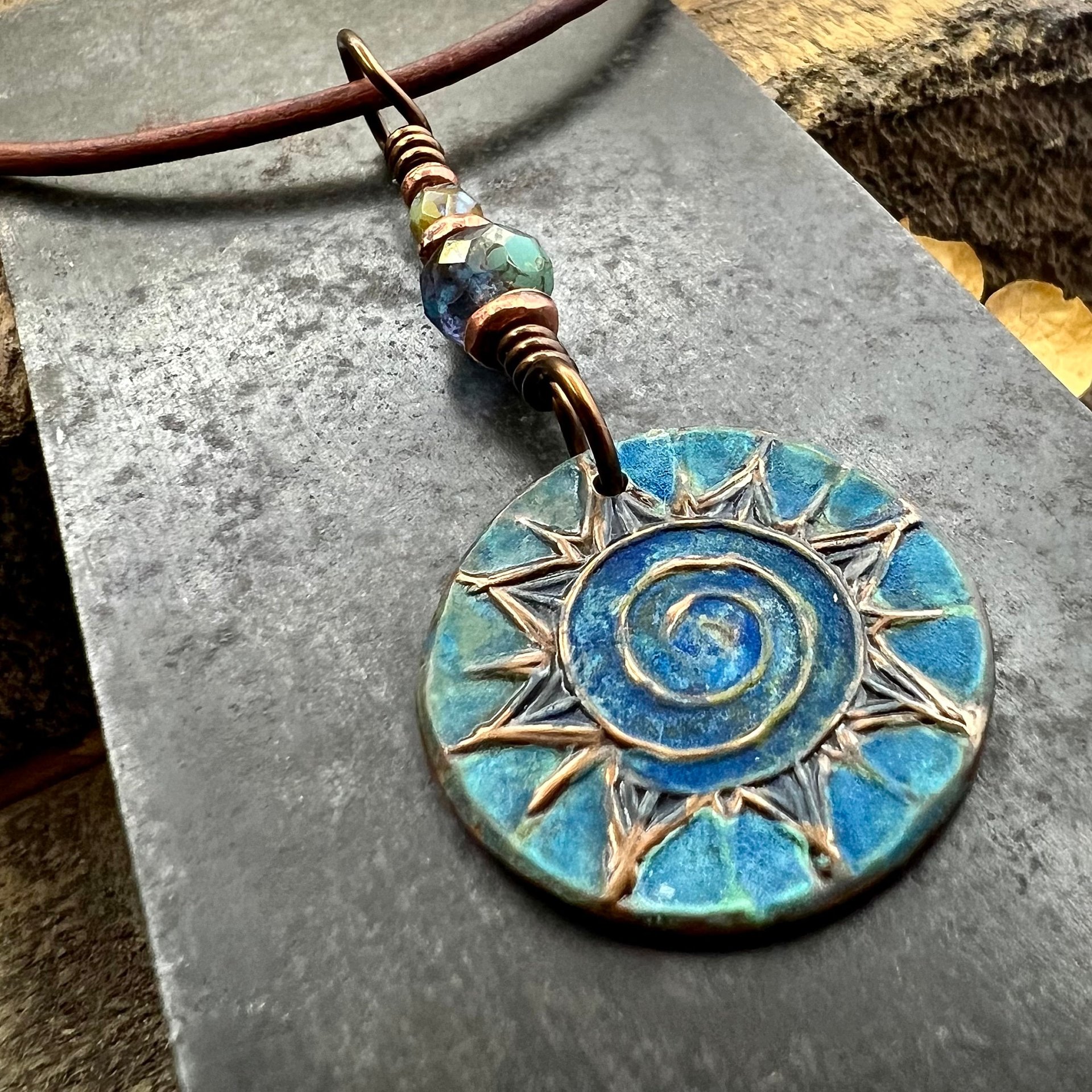 Celtic Sun Spiral Necklace, Copper Patina Pendant, Czech Glass Beads, Irish Celtic Spirals, Colorful Sun, Summer Jewelry, Pagan Celtic Witch