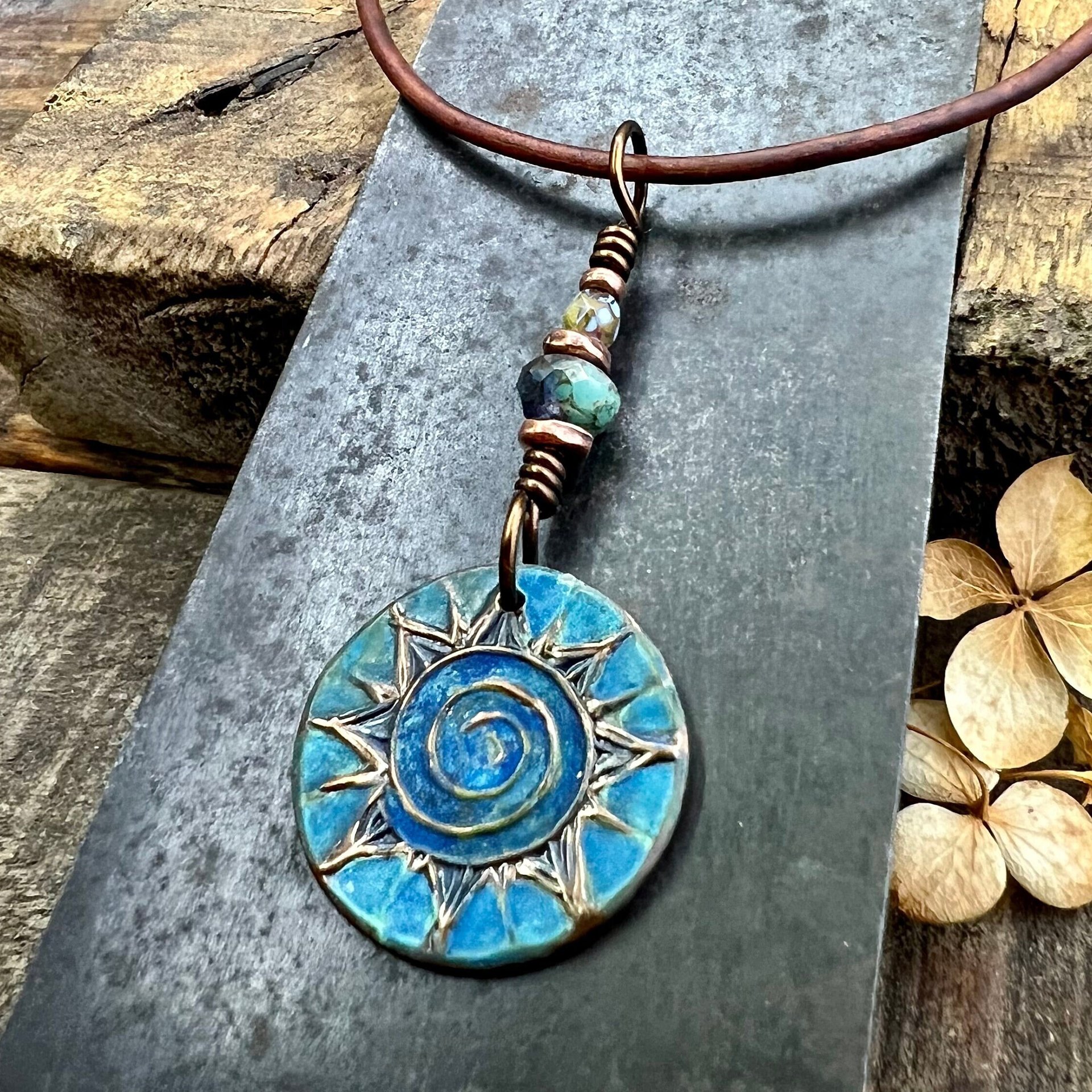 Celtic Sun Spiral Necklace, Copper Patina Pendant, Czech Glass Beads, Irish Celtic Spirals, Colorful Sun, Summer Jewelry, Pagan Celtic Witch