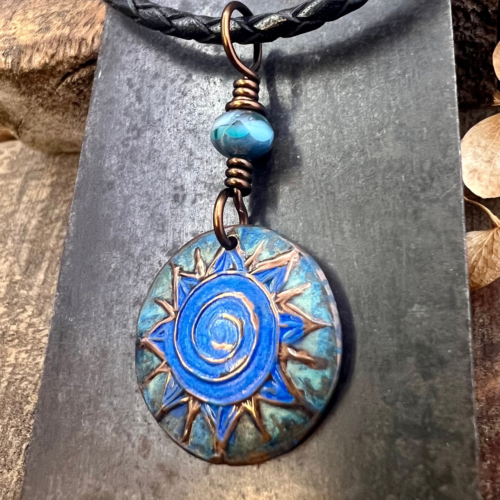 Celtic Sun Spiral Necklace, Copper Patina Pendant, Czech Glass Beads, Irish Celtic Spirals, Colorful Sun, Summer Jewelry, Pagan Celtic Witch