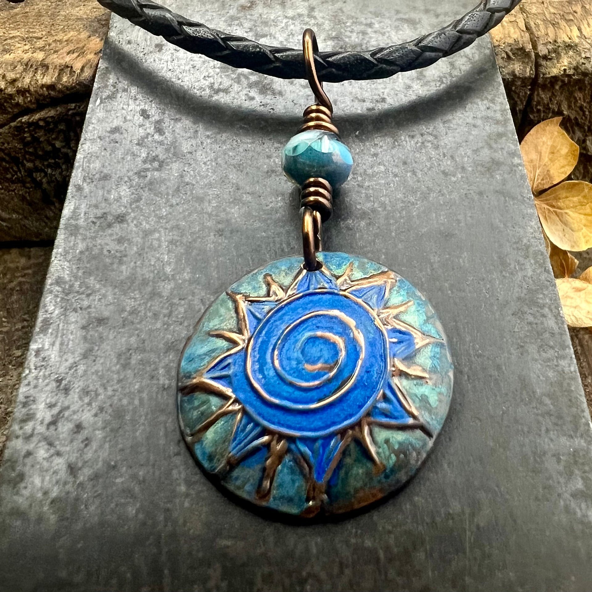 Celtic Sun Spiral Necklace, Copper Patina Pendant, Czech Glass Beads, Irish Celtic Spirals, Colorful Sun, Summer Jewelry, Pagan Celtic Witch