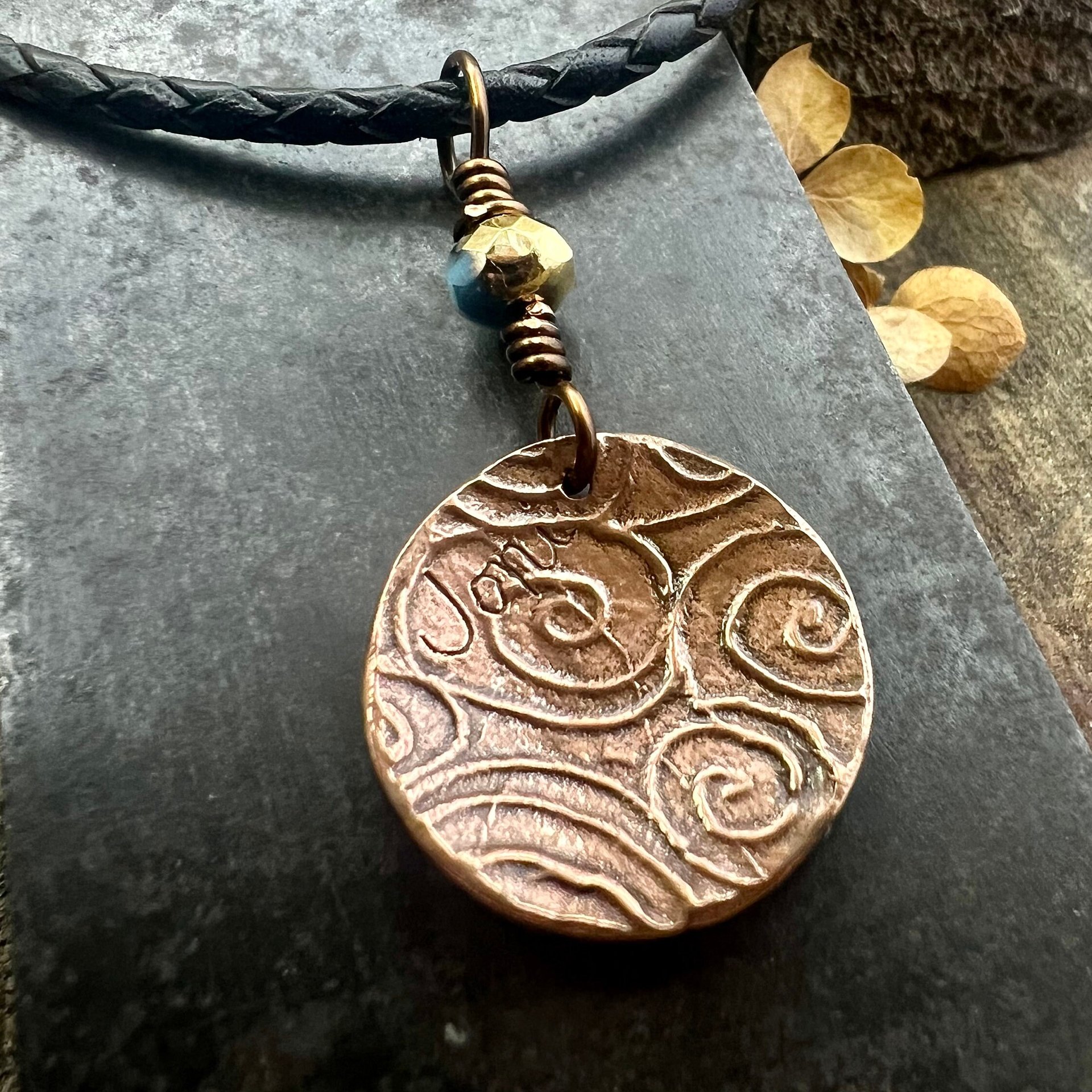 Celtic Sun Spiral Necklace, Copper Patina Pendant, Czech Glass Beads, Irish Celtic Spirals, Colorful Sun, Summer Jewelry, Pagan Celtic Witch