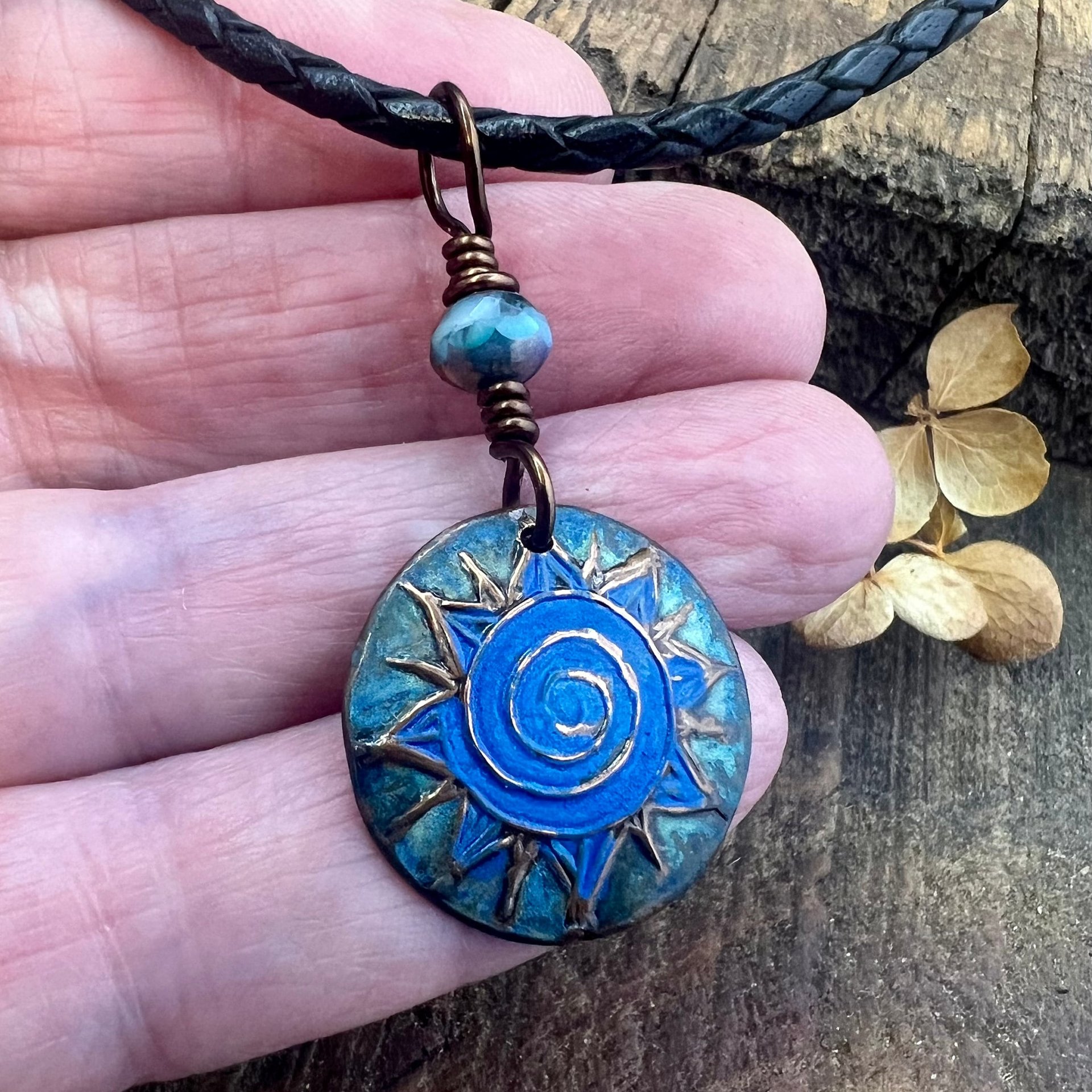 Celtic Sun Spiral Necklace, Copper Patina Pendant, Czech Glass Beads, Irish Celtic Spirals, Colorful Sun, Summer Jewelry, Pagan Celtic Witch