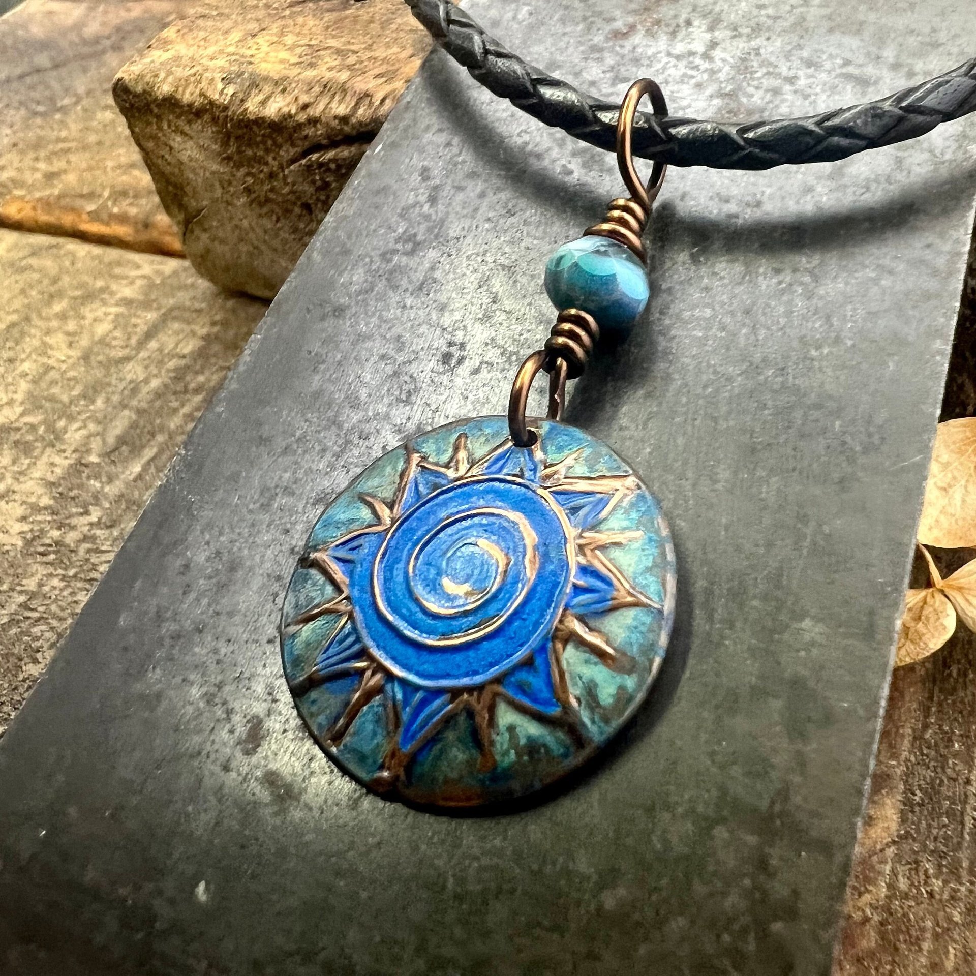 Celtic Sun Spiral Necklace, Copper Patina Pendant, Czech Glass Beads, Irish Celtic Spirals, Colorful Sun, Summer Jewelry, Pagan Celtic Witch