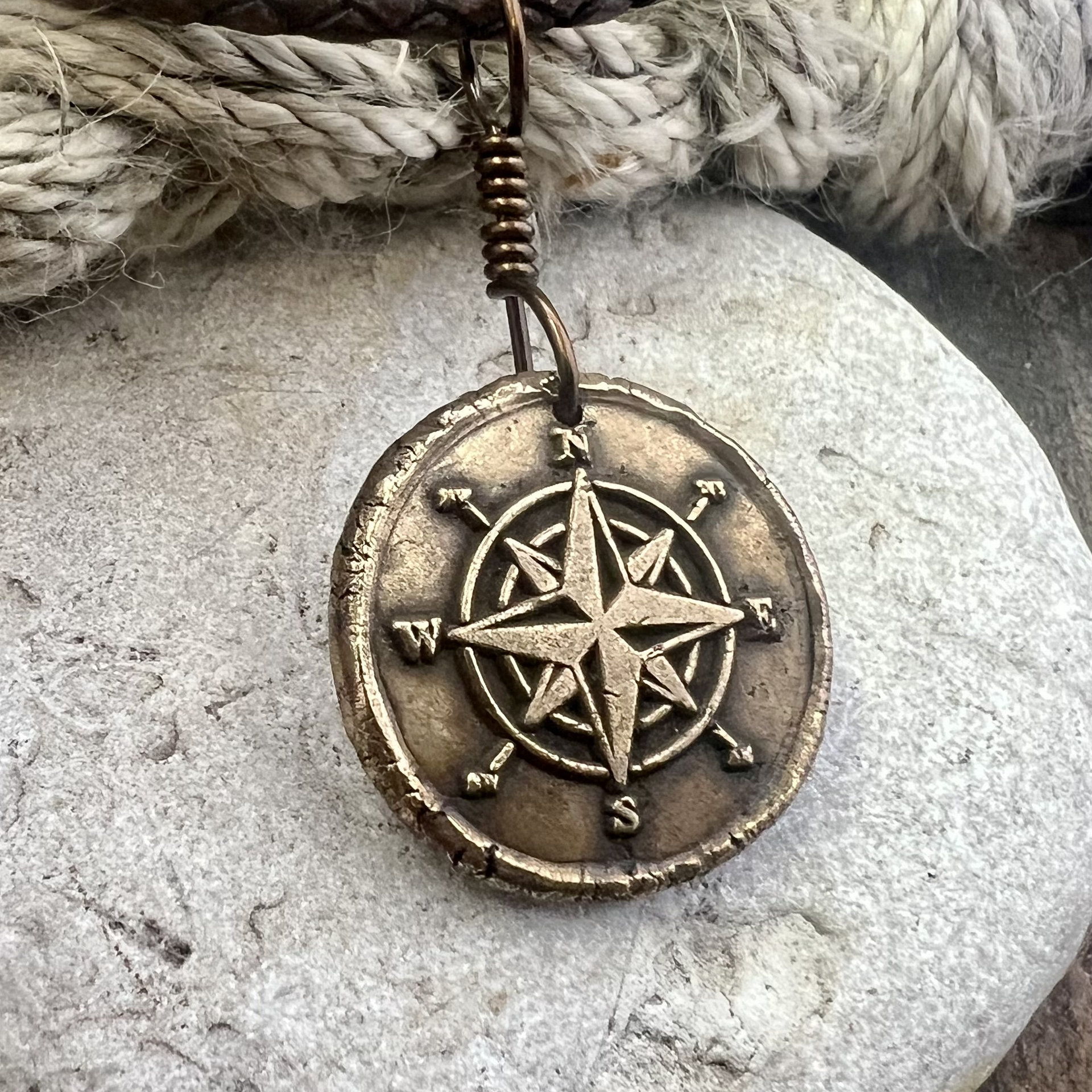 Compass Rose Charm, Bronze Compass Necklace, Nautical, Boats Sailing Sea, Protection Guidance Talisman, Men's Unisex Jewelry, Rustic Seaworn