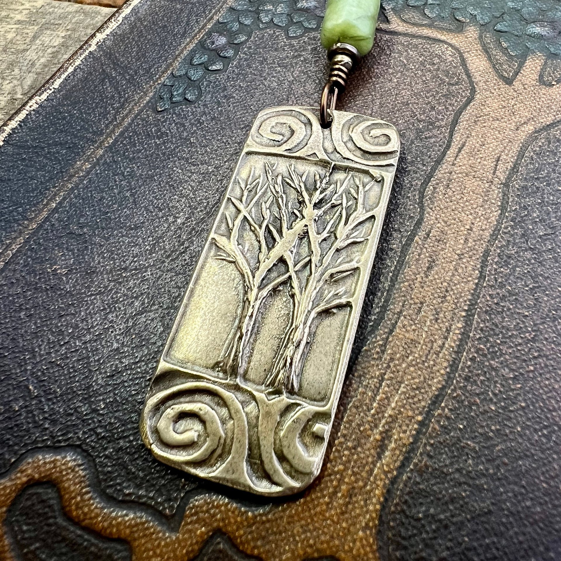 Bronze Two Trees Pendant, Irish Celtic Spirals, Connemara Marble, Leather & Vegan Cords, Earthy Rustic, Branches Roots, Celtic Green Witch