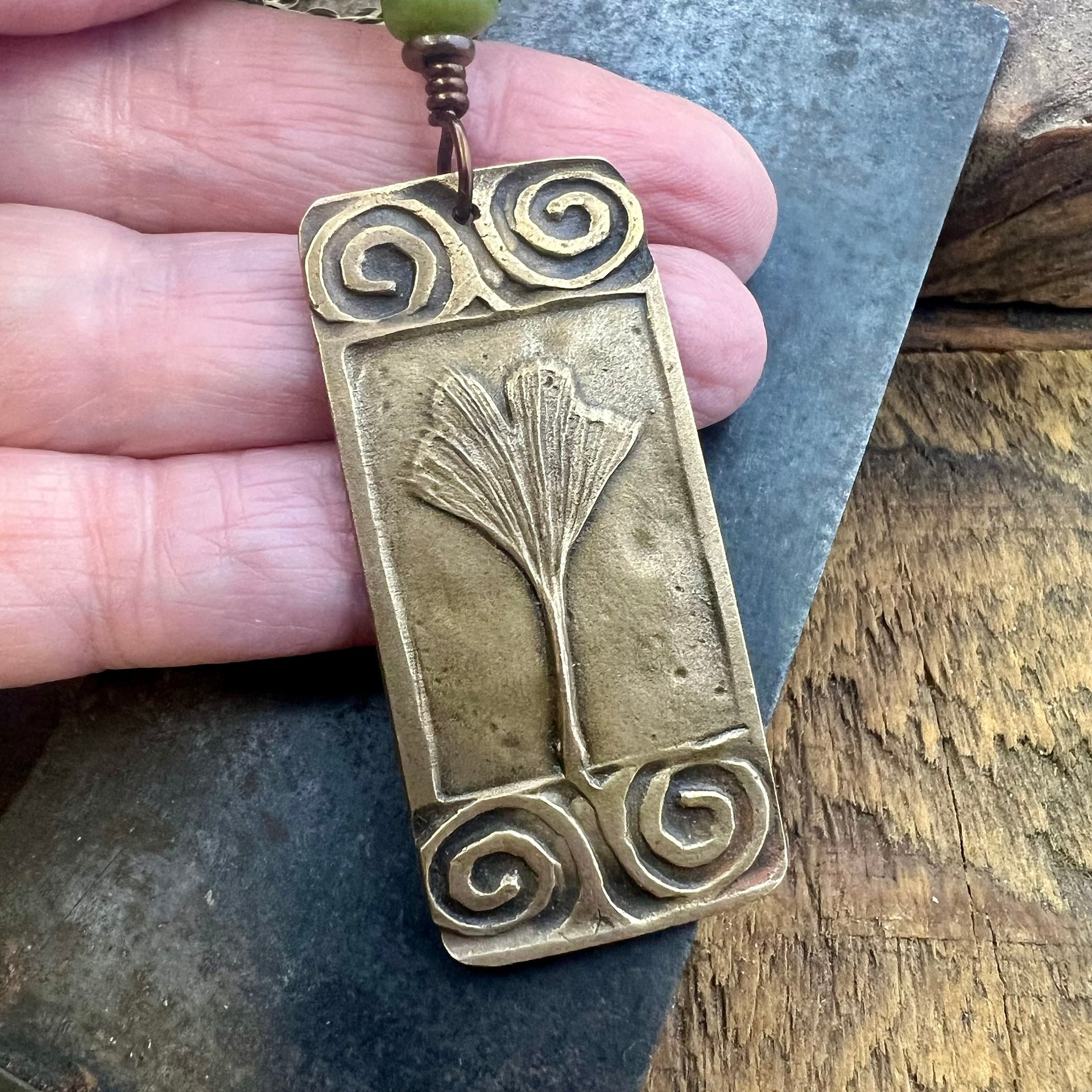Bronze Ginkgo Leaf Pendant, Irish Celtic Spirals, Connemara Marble, Leather & Vegan Cords, Earthy Rustic, Celtic Green Witch