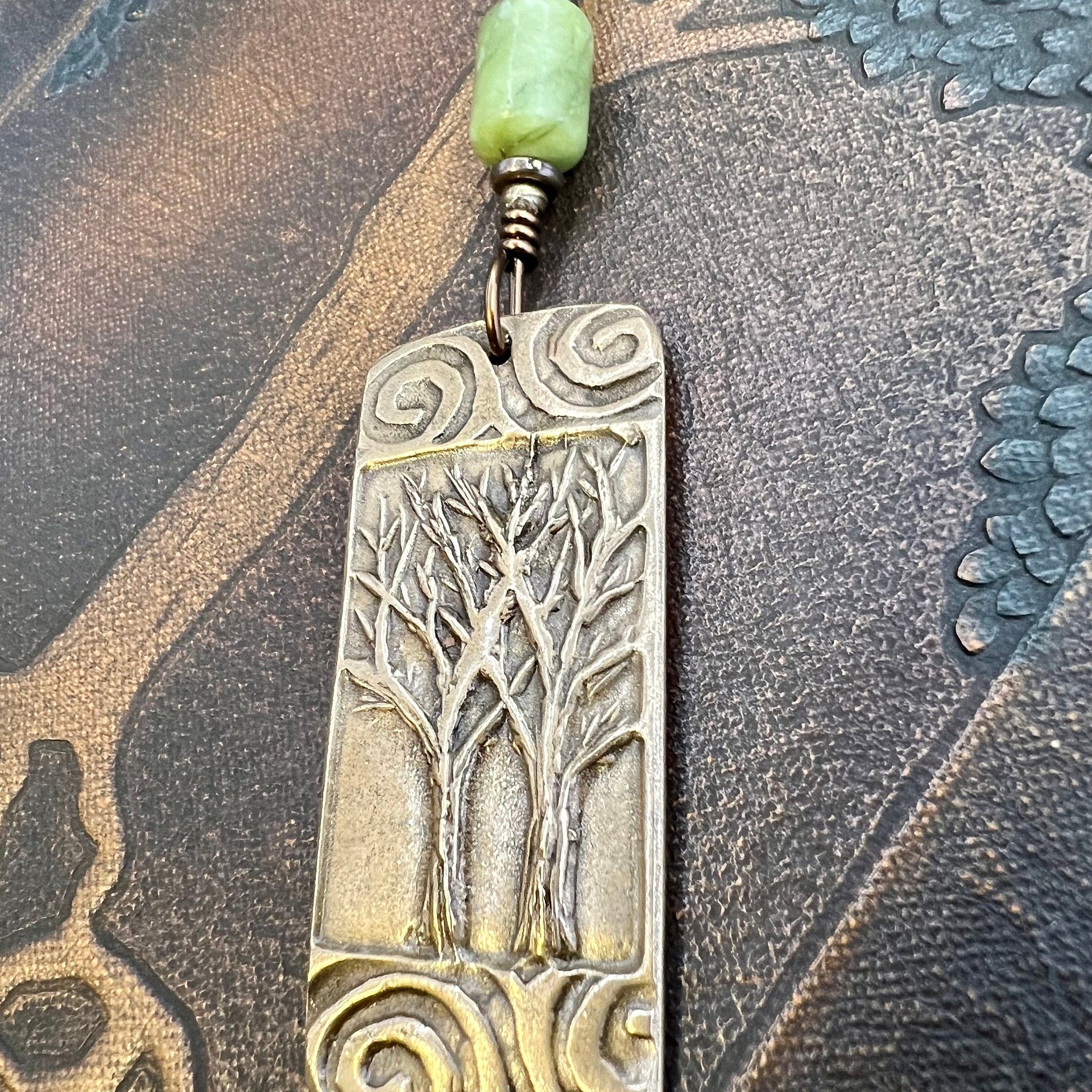 Bronze Two Trees Pendant, Irish Celtic Spirals, Connemara Marble, Leather & Vegan Cords, Earthy Rustic, Branches Roots, Celtic Green Witch