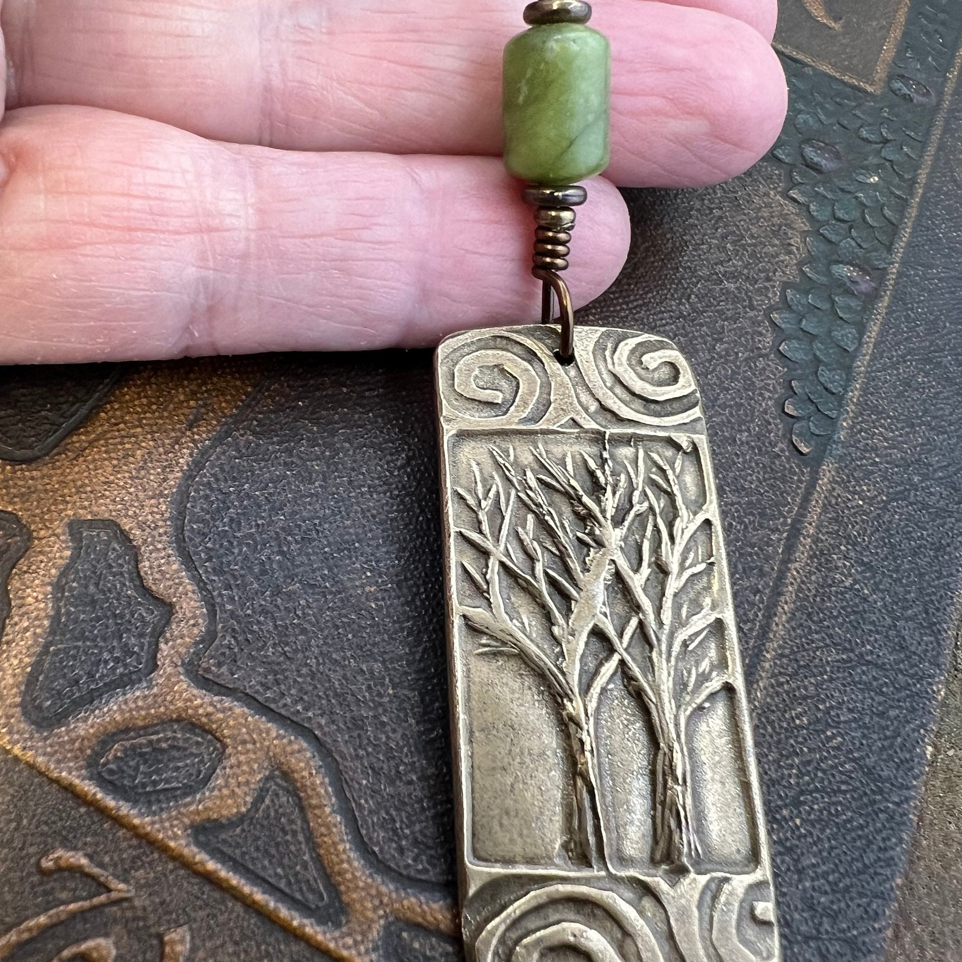 Bronze Two Trees Pendant, Irish Celtic Spirals, Connemara Marble, Leather & Vegan Cords, Earthy Rustic, Branches Roots, Celtic Green Witch