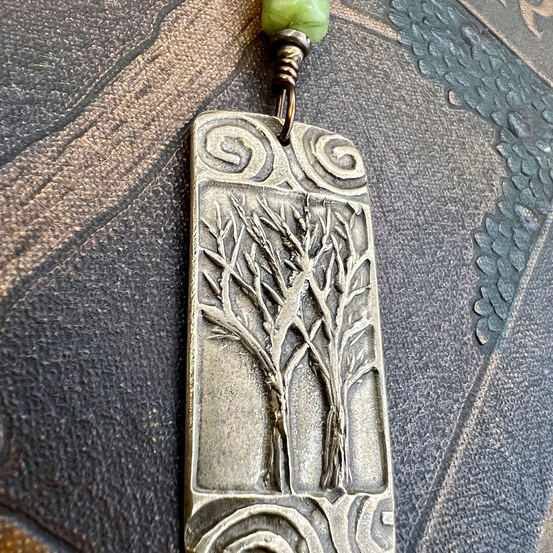 Bronze Two Trees Pendant, Irish Celtic Spirals, Connemara Marble, Leather & Vegan Cords, Earthy Rustic, Branches Roots, Celtic Green Witch