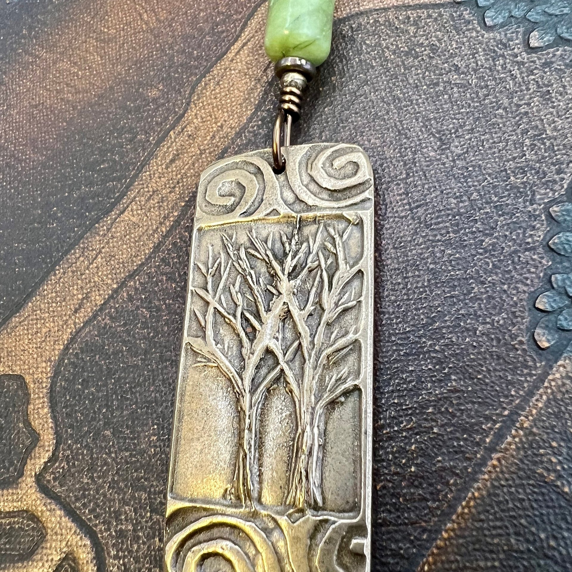 Bronze Two Trees Pendant, Irish Celtic Spirals, Connemara Marble, Leather & Vegan Cords, Earthy Rustic, Branches Roots, Celtic Green Witch