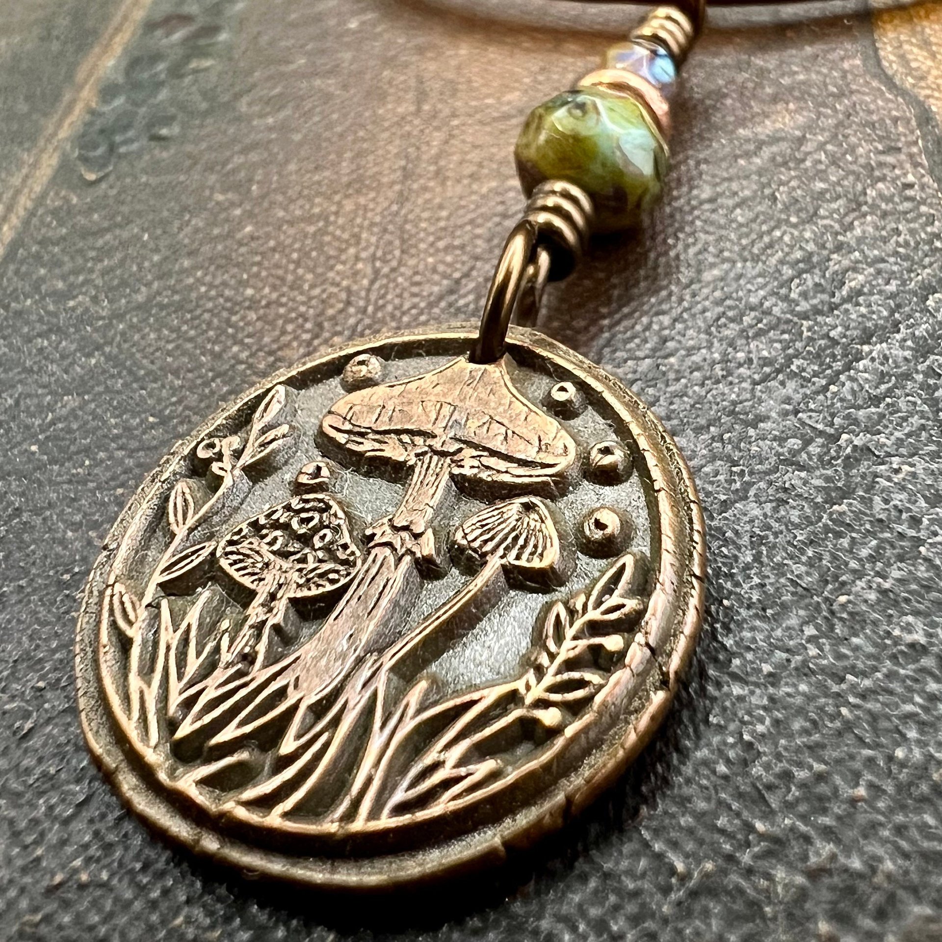 Mushroom Copper Pendant, Wax Seal Charm, Czech Glass Beads, Earth Witch Jewelry, Earthy Rustic, Leather & Vegan Cords, Fungi Mycelium Lover