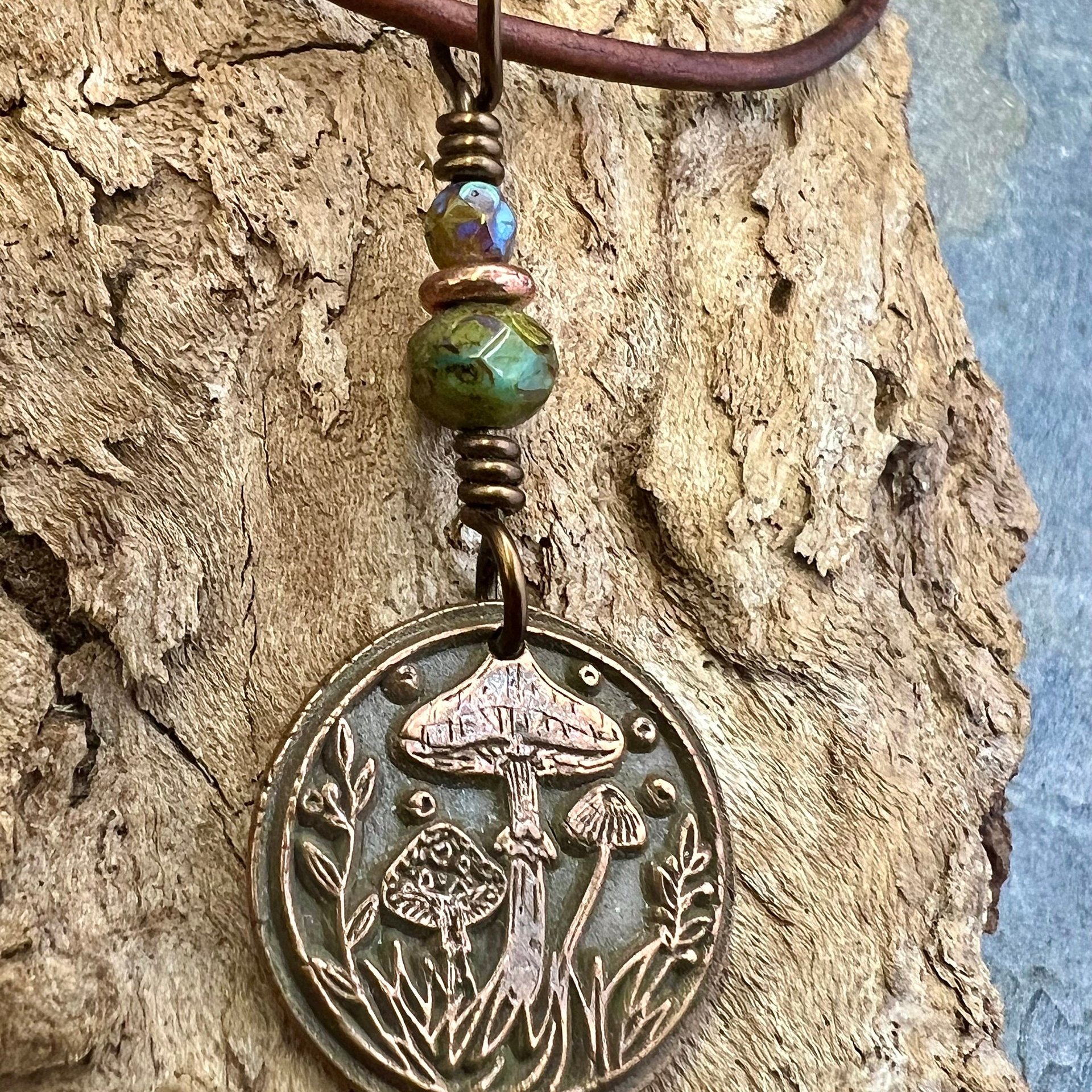 Mushroom Copper Pendant, Wax Seal Charm, Czech Glass Beads, Earth Witch Jewelry, Earthy Rustic, Leather & Vegan Cords, Fungi Mycelium Lover