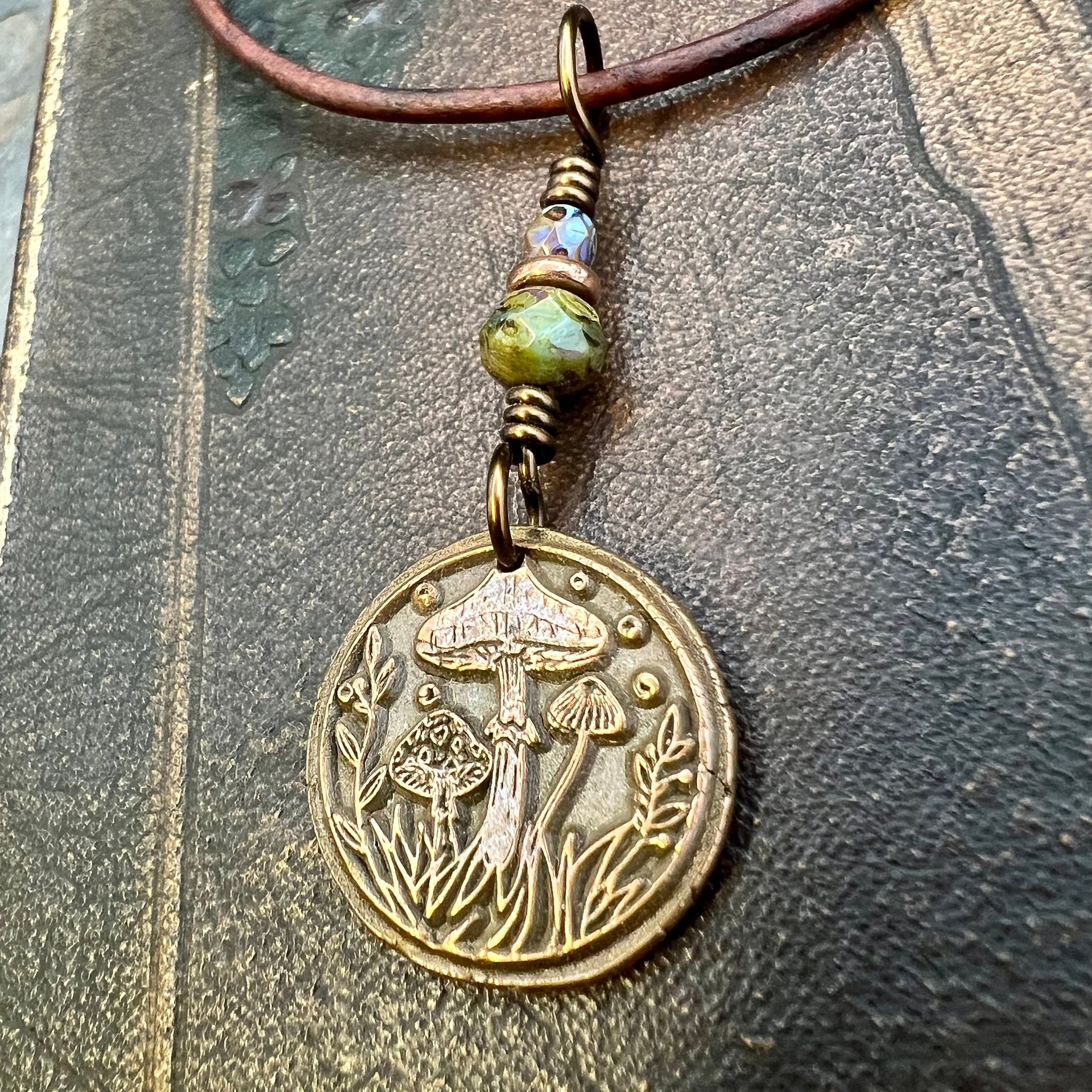 Mushroom Copper Pendant, Wax Seal Charm, Czech Glass Beads, Earth Witch Jewelry, Earthy Rustic, Leather & Vegan Cords, Fungi Mycelium Lover