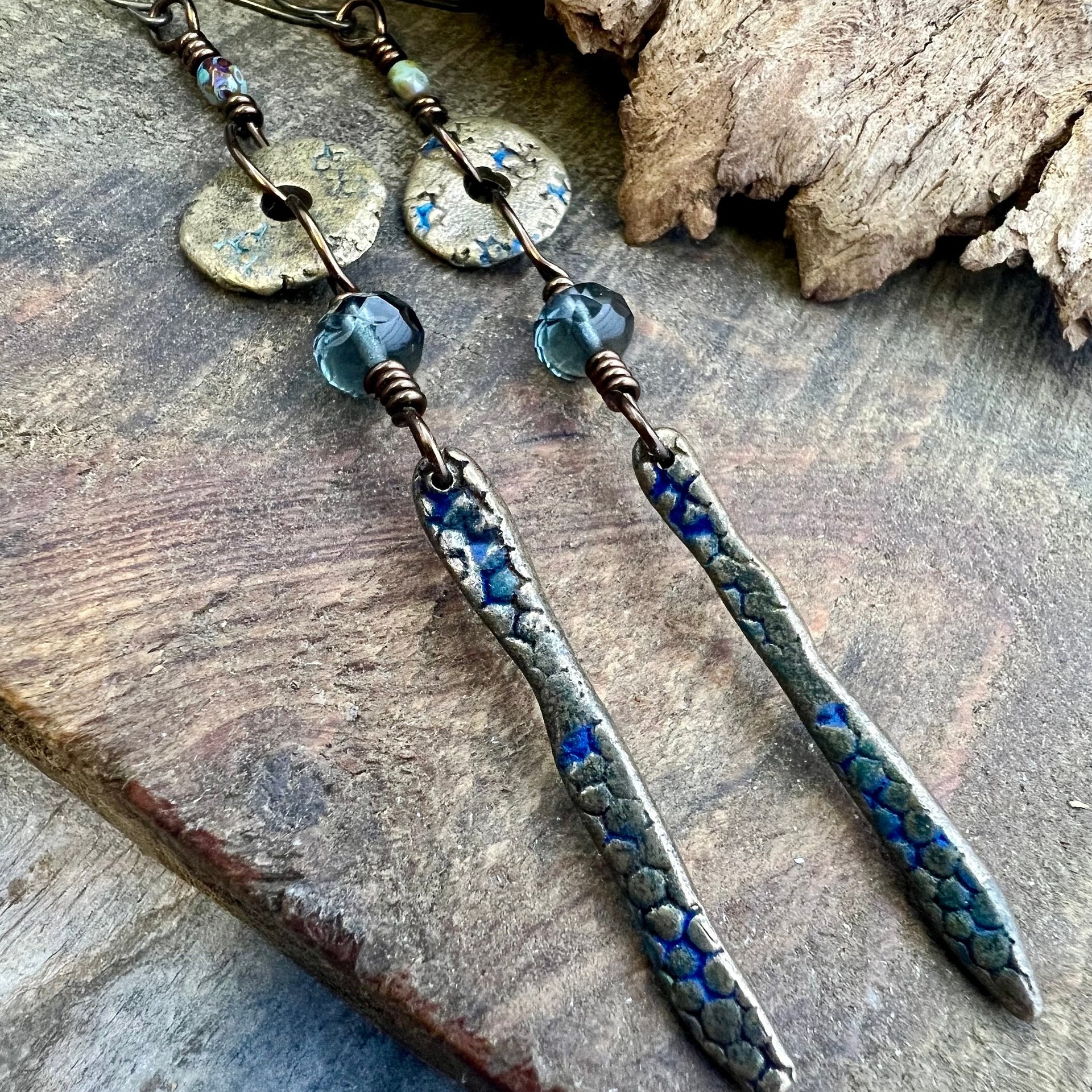 Bronze Dangle Drop Earrings, Coral Fossil Texture, Czech Glass Beads, Bronze and Blue, Hypoallergenic Niobium Ear Wires, Earthy Primitive