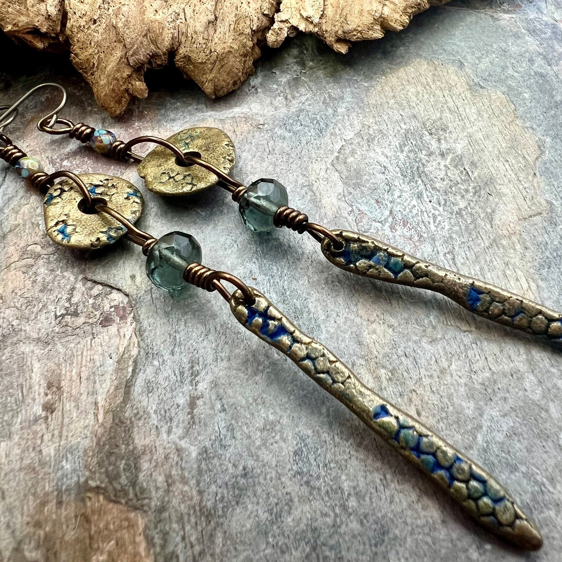 Bronze Dangle Drop Earrings, Coral Fossil Texture, Czech Glass Beads, Bronze and Blue, Hypoallergenic Niobium Ear Wires, Earthy Primitive