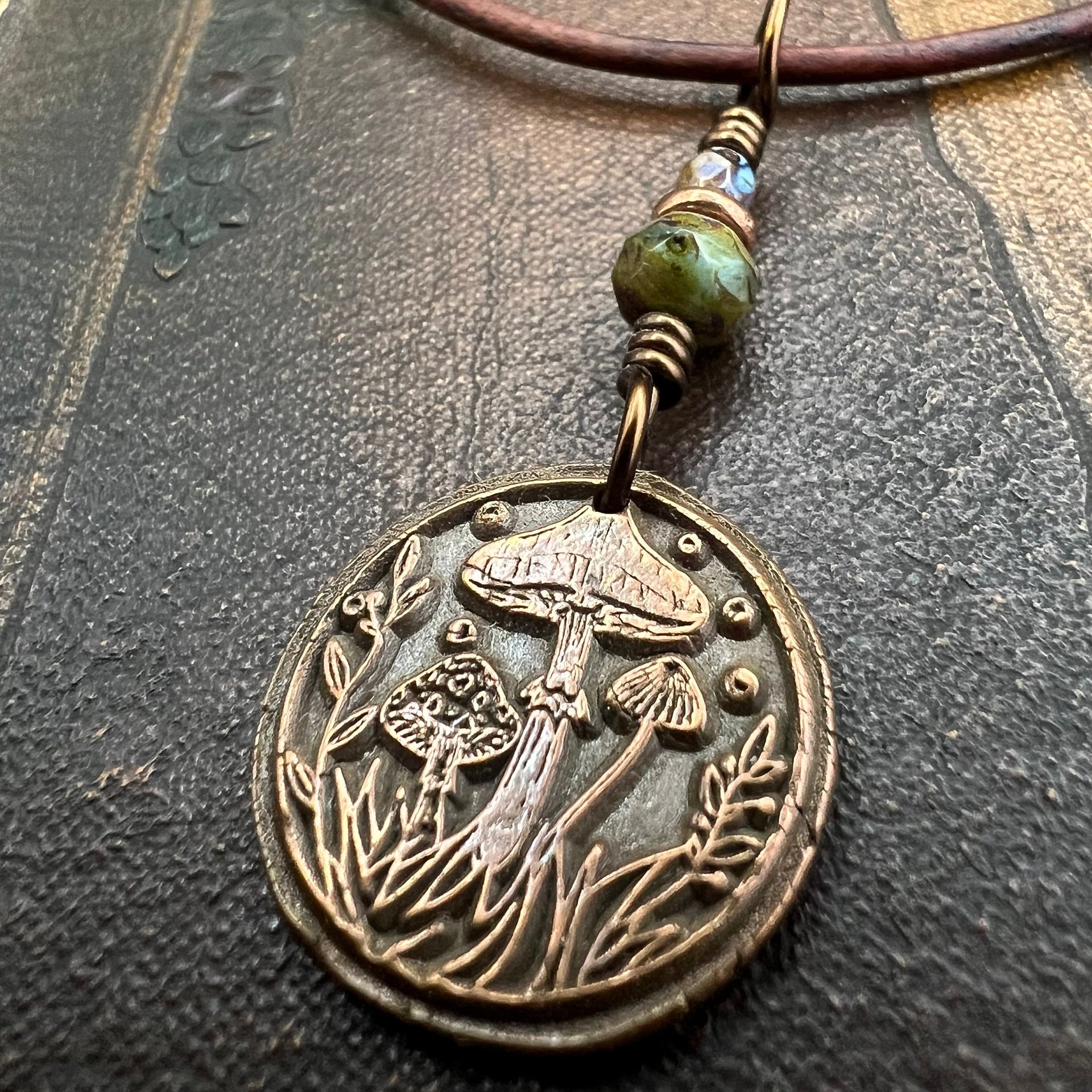 Mushroom Copper Pendant, Wax Seal Charm, Czech Glass Beads, Earth Witch Jewelry, Earthy Rustic, Leather & Vegan Cords, Fungi Mycelium Lover