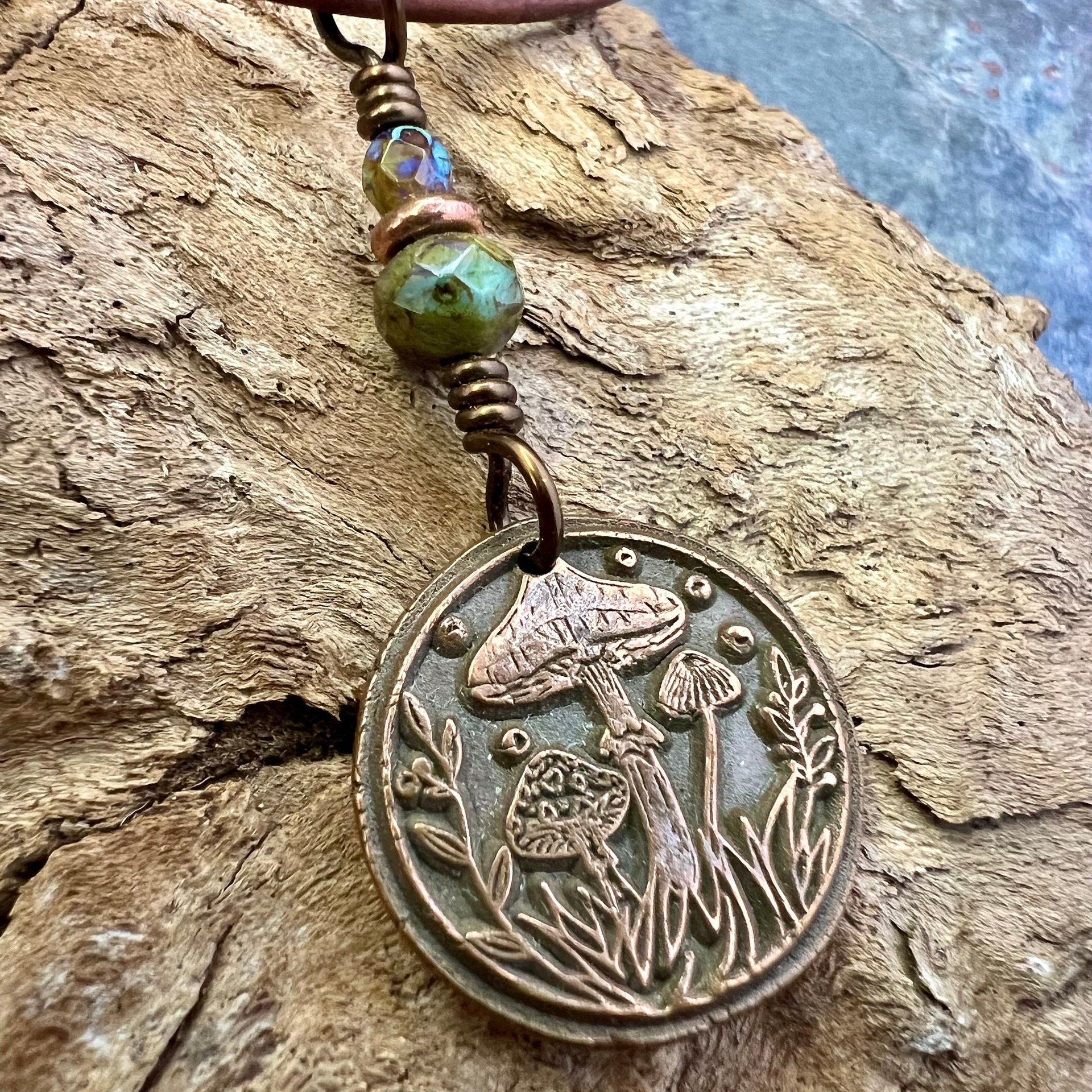 Mushroom Copper Pendant, Wax Seal Charm, Czech Glass Beads, Earth Witch Jewelry, Earthy Rustic, Leather & Vegan Cords, Fungi Mycelium Lover
