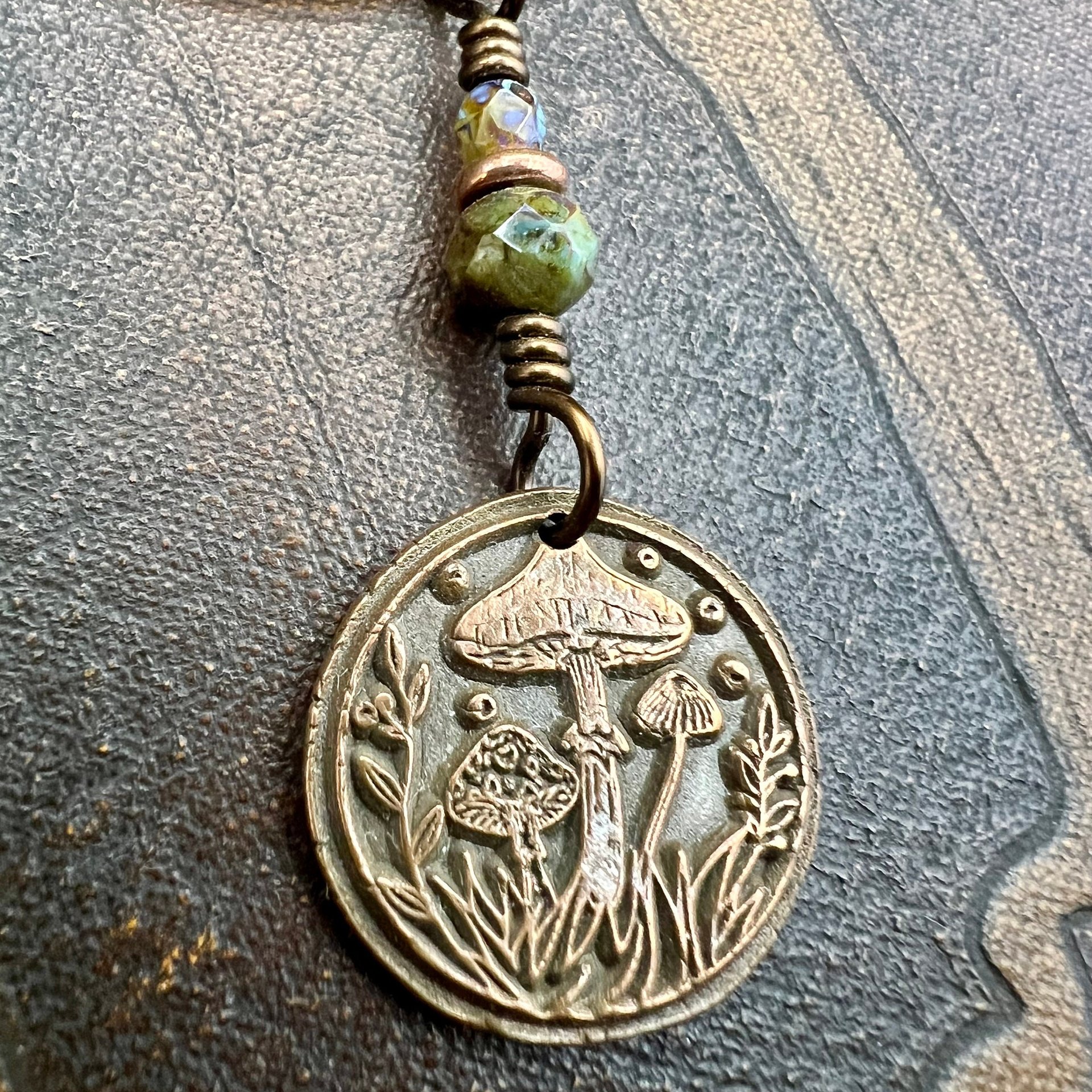 Mushroom Copper Pendant, Wax Seal Charm, Czech Glass Beads, Earth Witch Jewelry, Earthy Rustic, Leather & Vegan Cords, Fungi Mycelium Lover