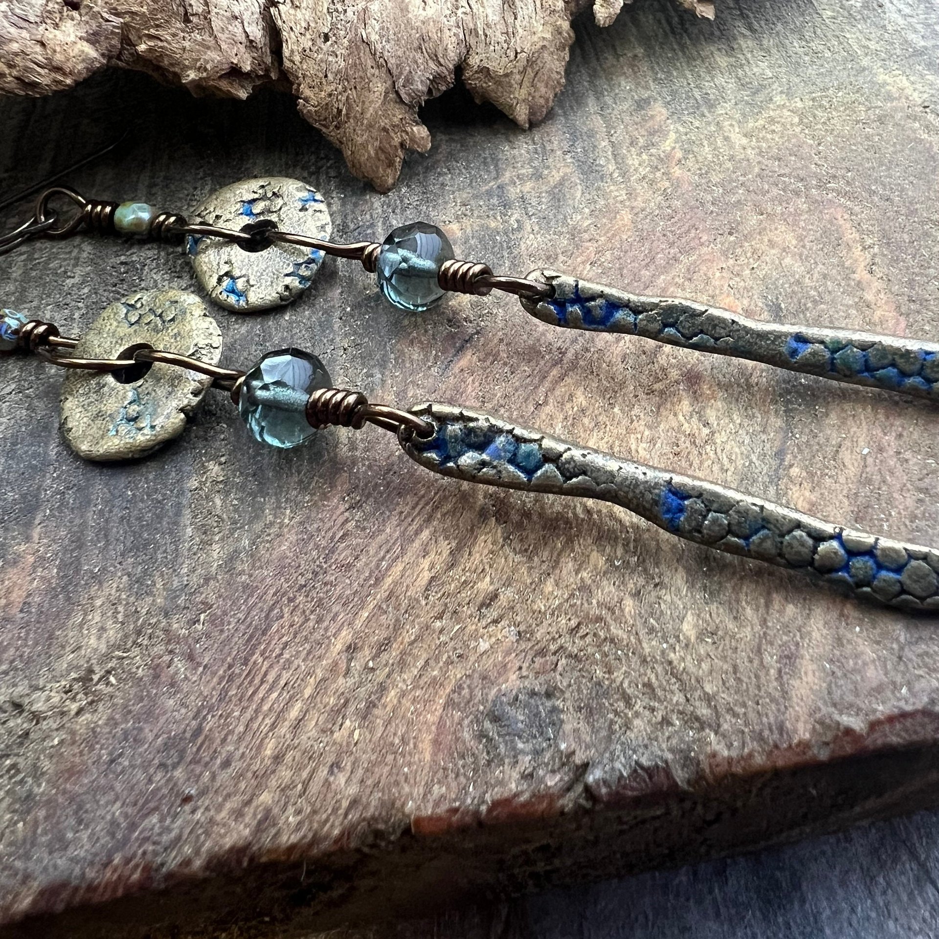 Bronze Dangle Drop Earrings, Coral Fossil Texture, Czech Glass Beads, Bronze and Blue, Hypoallergenic Niobium Ear Wires, Earthy Primitive