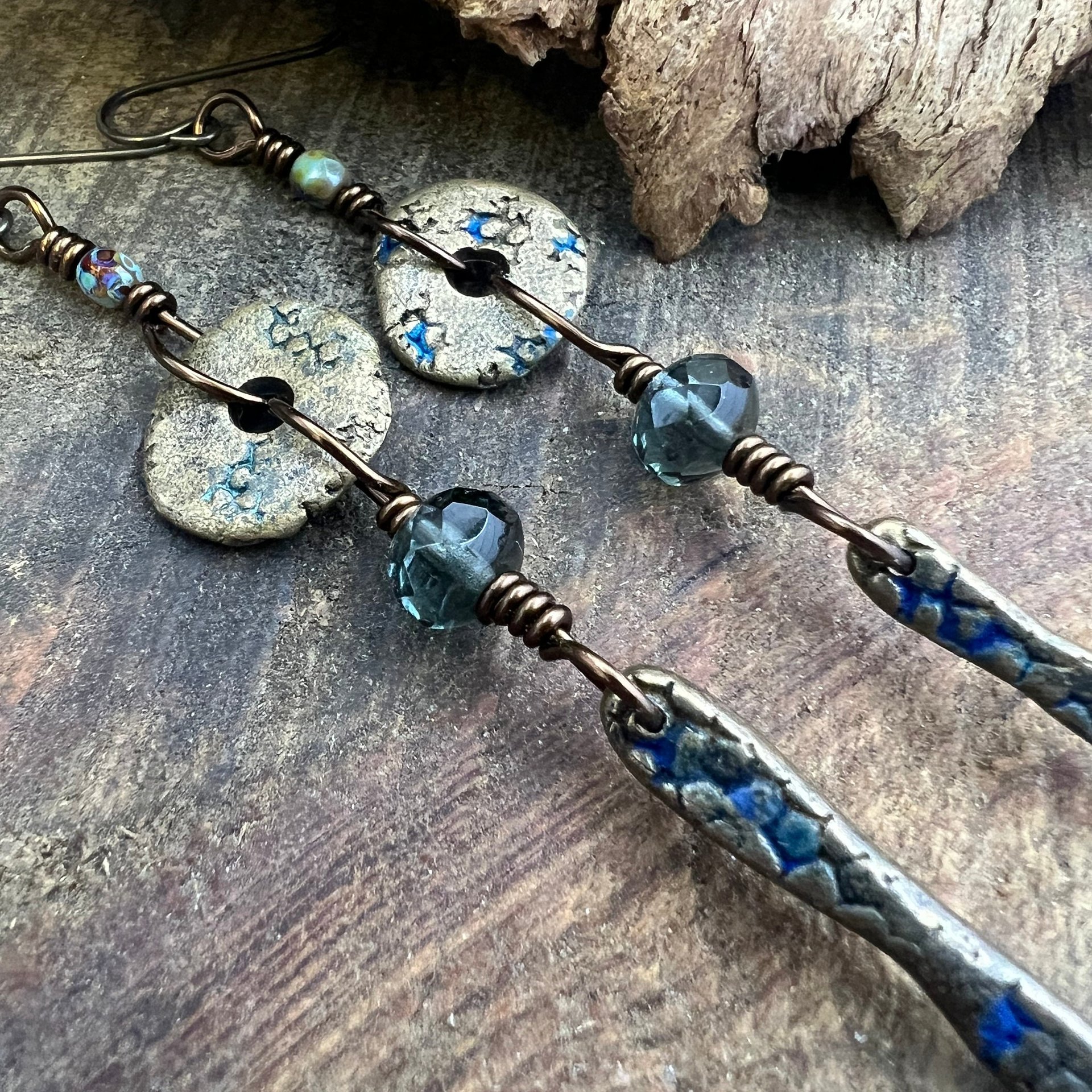 Bronze Dangle Drop Earrings, Coral Fossil Texture, Czech Glass Beads, Bronze and Blue, Hypoallergenic Niobium Ear Wires, Earthy Primitive