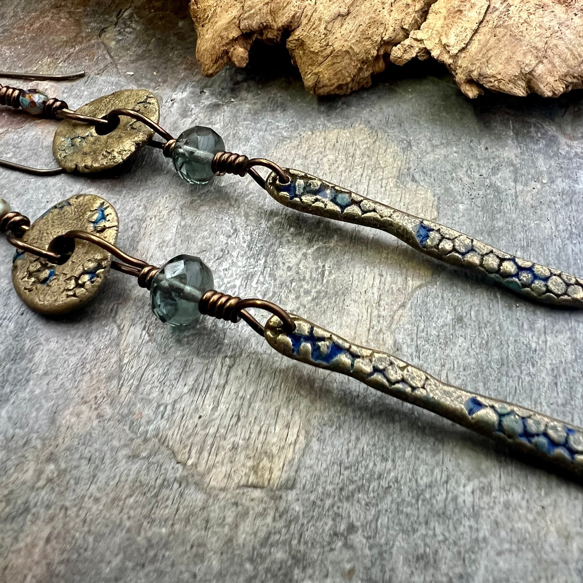 Bronze Dangle Drop Earrings, Coral Fossil Texture, Czech Glass Beads, Bronze and Blue, Hypoallergenic Niobium Ear Wires, Earthy Primitive