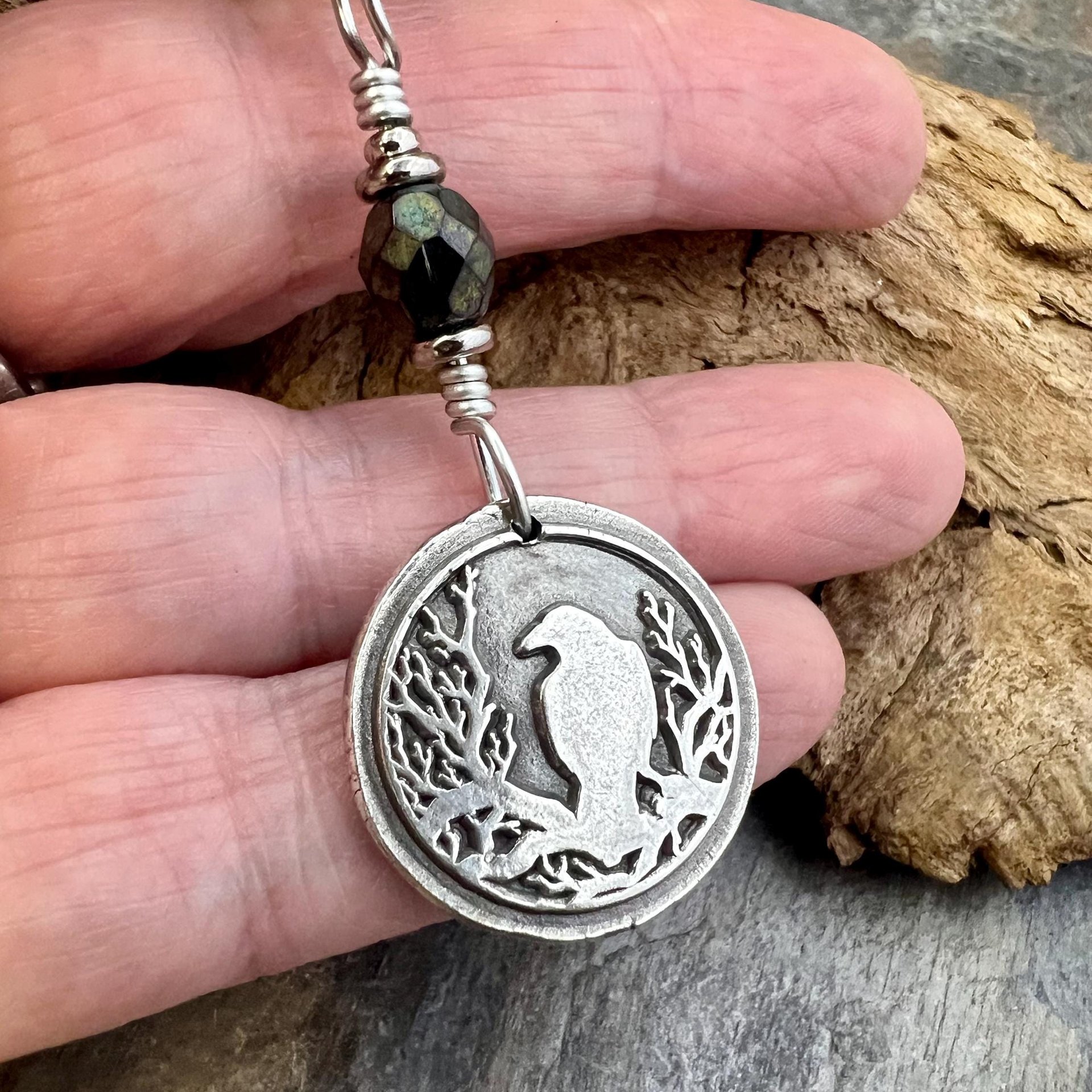 Raven Charm, Sterling Silver, Irish Celtic Lore, Leather Vegan Cords, Stainless Steel Chain, Crow Corvid, Wax Seal Charm, Celtic Pagan Witch