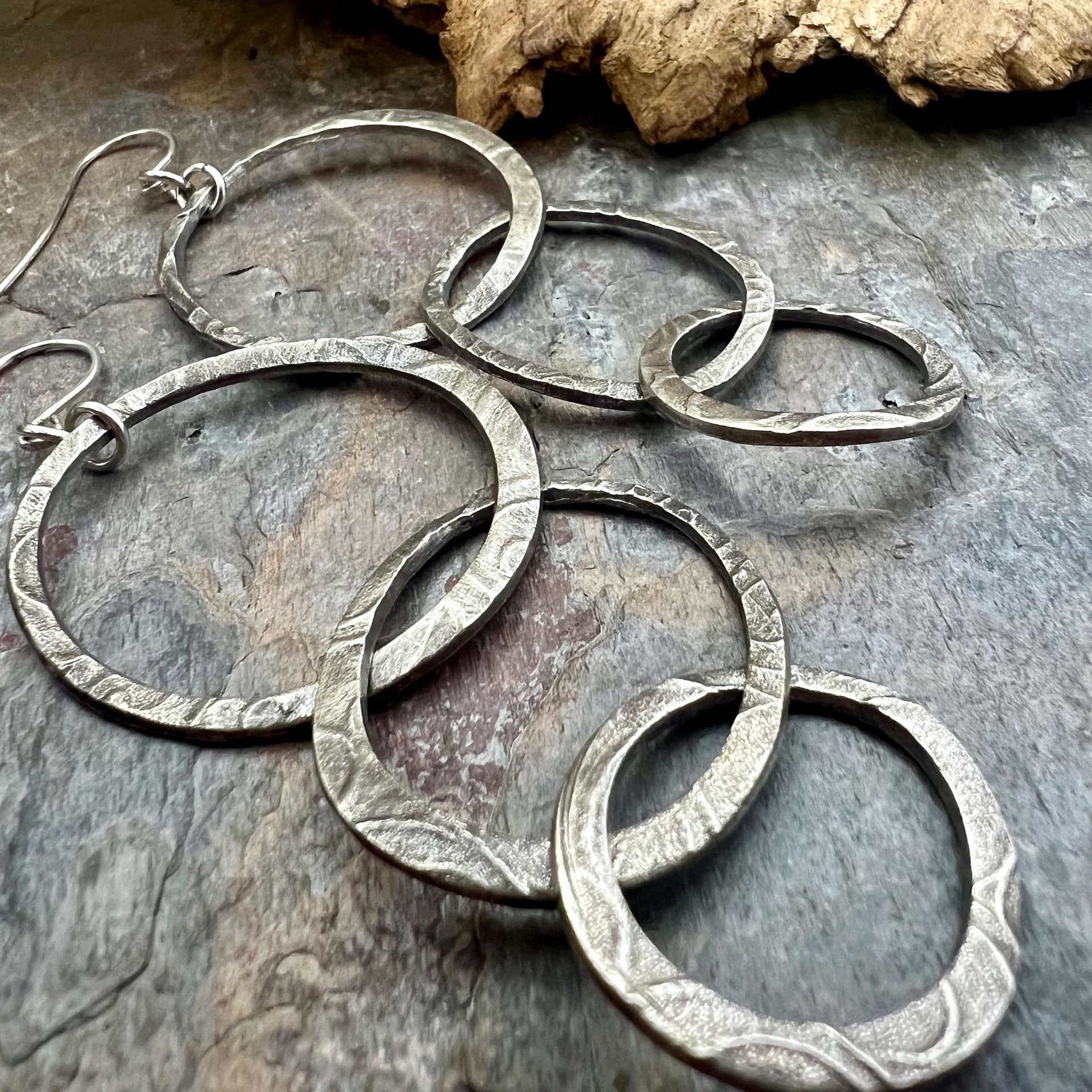 Triple Hoop Sterling Silver Earrings, Hypoallergenic Ear Wires, Long Statement Earrings, Hoop Dangles, Fun Jewelry, Earthy Rustic, Boho Chic