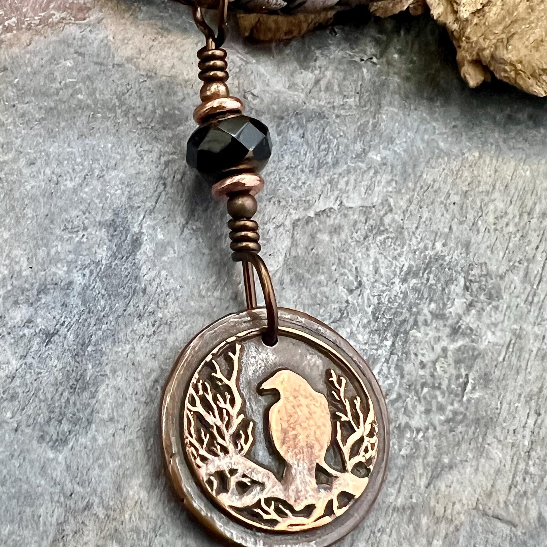 Copper Raven, Wax Seal Charm, Irish Celtic, Czech Glass, Leather & Vegan Cords, Crow Corvid, Handmade Art Jewelry, Celtic Witch, Messengers