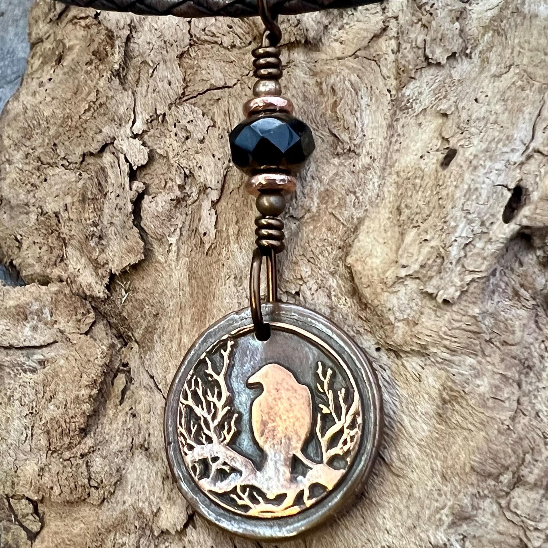 Copper Raven, Wax Seal Charm, Irish Celtic, Czech Glass, Leather & Vegan Cords, Crow Corvid, Handmade Art Jewelry, Celtic Witch, Messengers