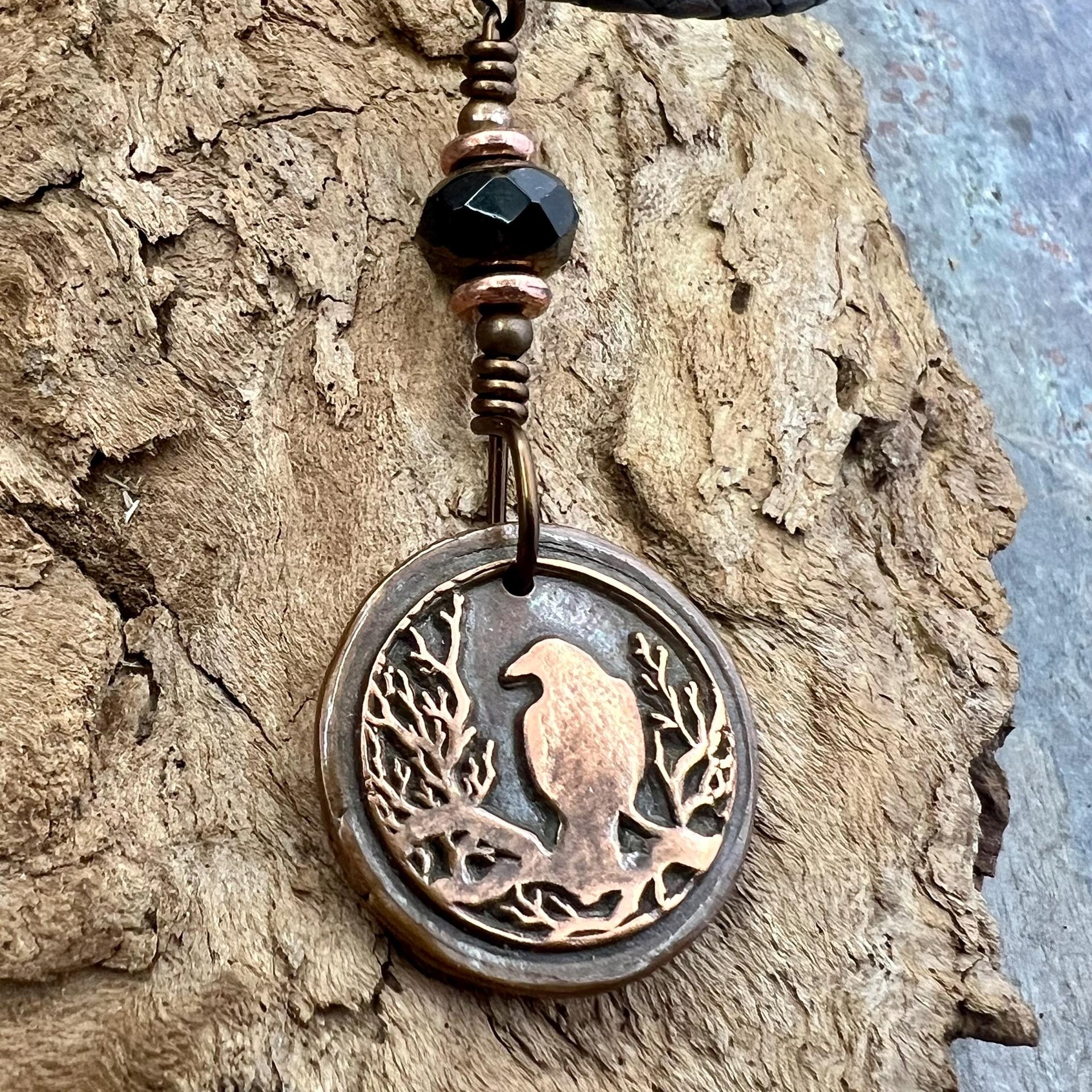 Copper Raven, Wax Seal Charm, Irish Celtic, Czech Glass, Leather & Vegan Cords, Crow Corvid, Handmade Art Jewelry, Celtic Witch, Messengers