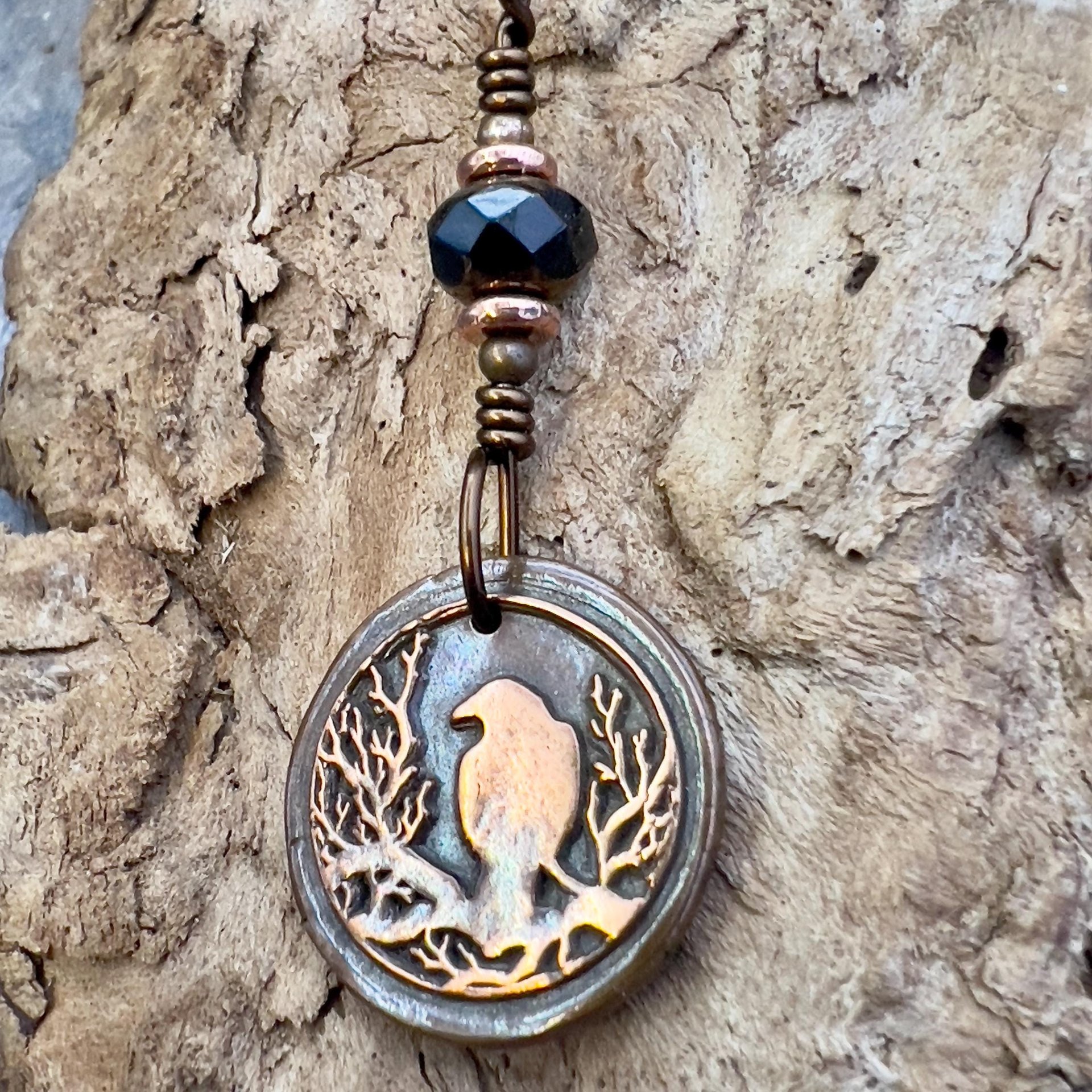 Copper Raven, Wax Seal Charm, Irish Celtic, Czech Glass, Leather & Vegan Cords, Crow Corvid, Handmade Art Jewelry, Celtic Witch, Messengers