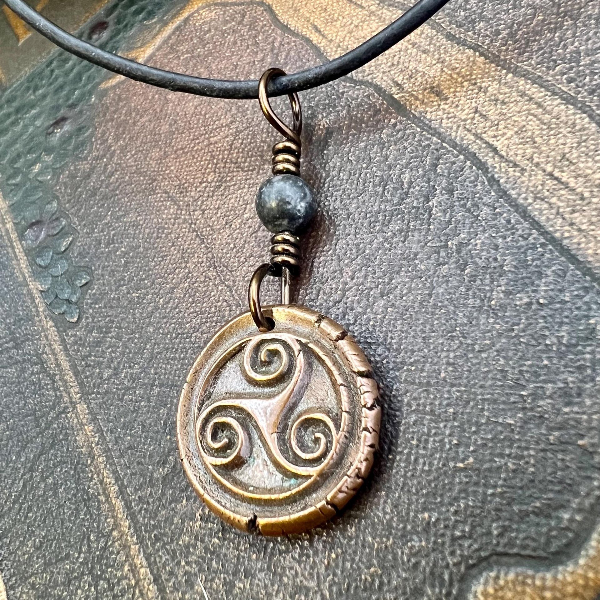 Triskele Charm, Copper Necklace, Wax Seal Charm, Connemara Marble, Irish Celtic Pagan, 7 Anniversary, Celtic Witch, Triskelion Triple Spiral