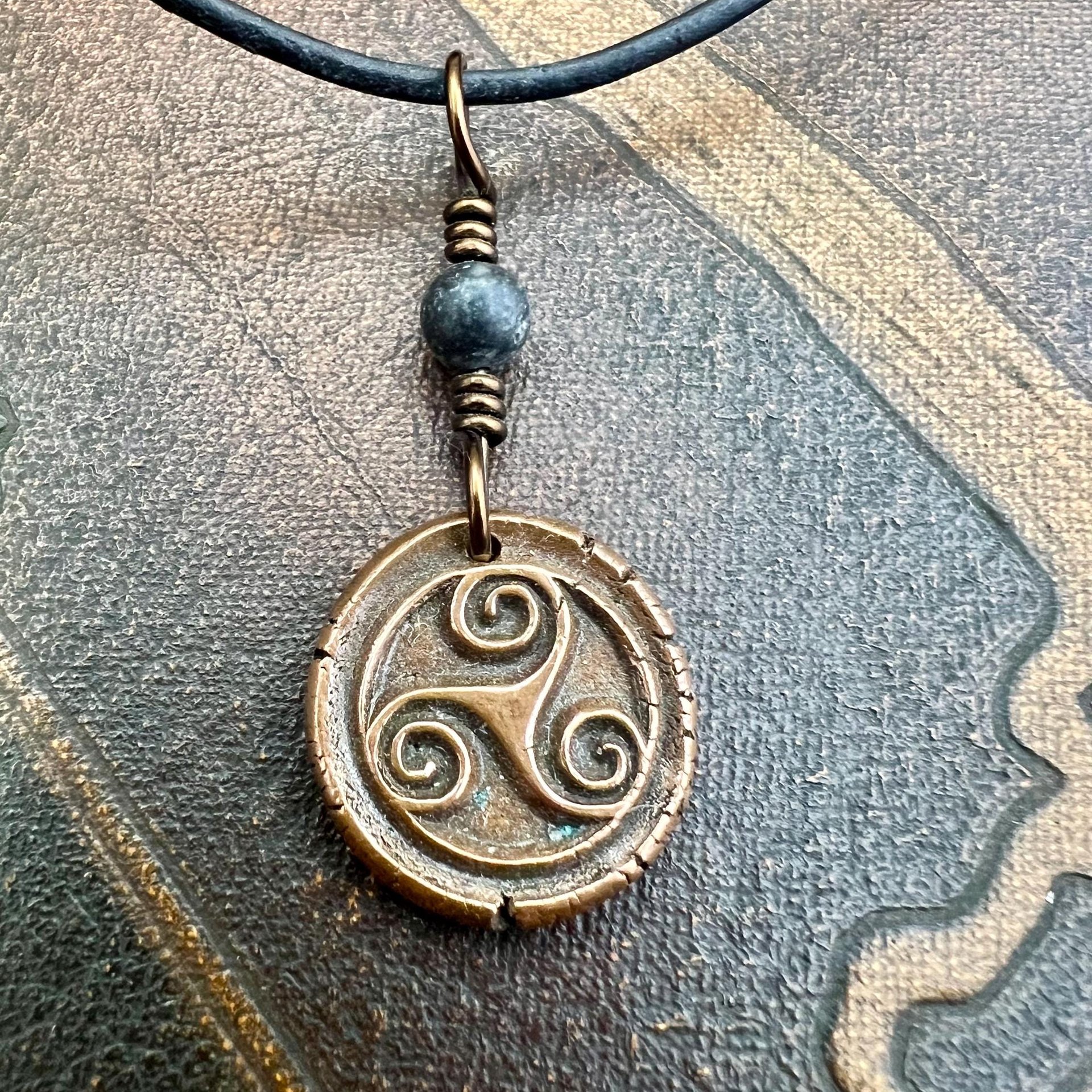 Triskele Charm, Copper Necklace, Wax Seal Charm, Connemara Marble, Irish Celtic Pagan, 7 Anniversary, Celtic Witch, Triskelion Triple Spiral