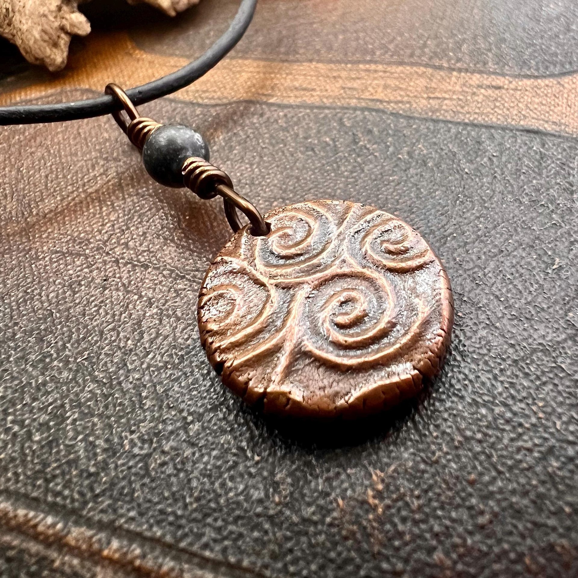 Triskele Charm, Copper Necklace, Wax Seal Charm, Connemara Marble, Irish Celtic Pagan, 7 Anniversary, Celtic Witch, Triskelion Triple Spiral