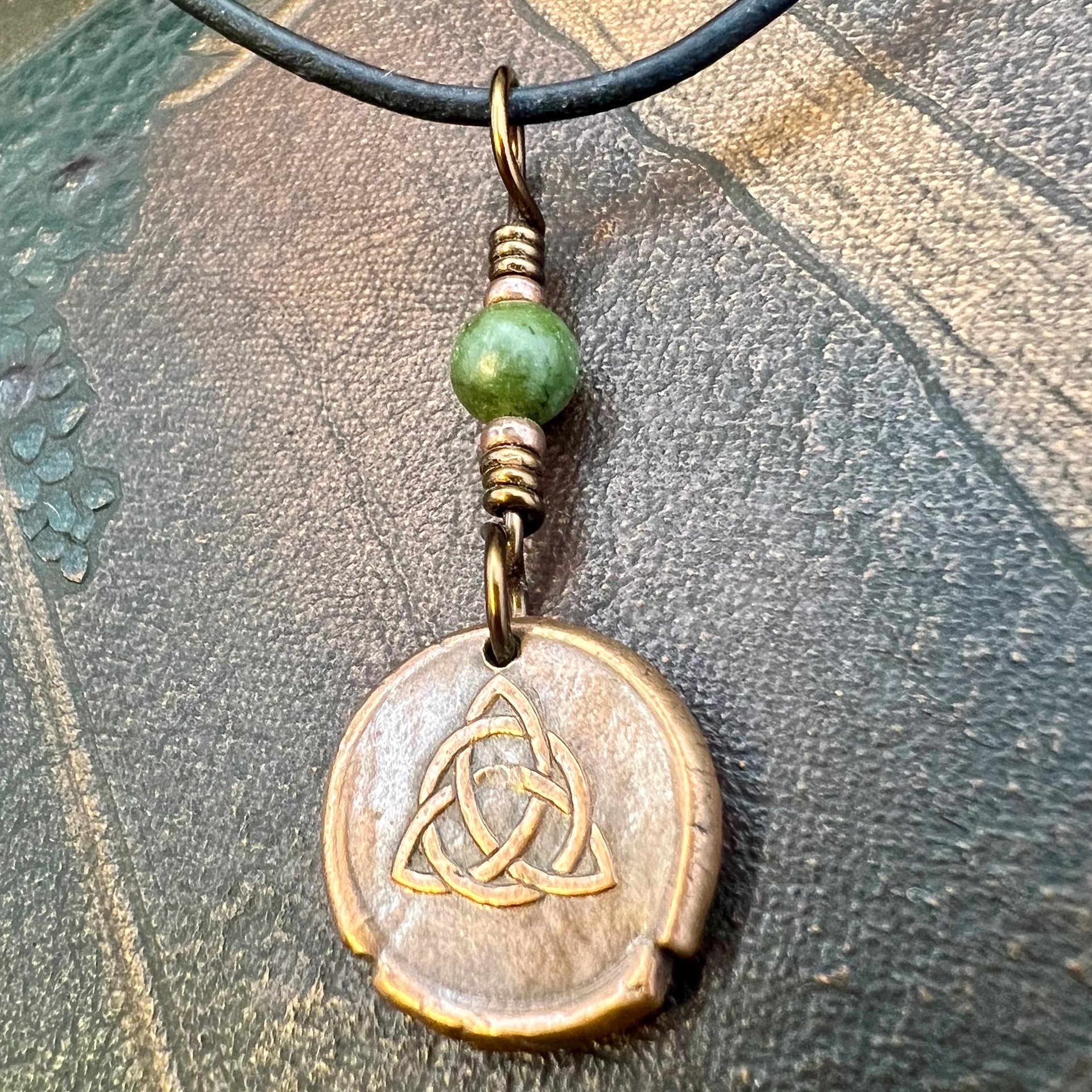 Copper Trinity Knot, Triquetra, Wax Seal Charm, Connemara Marble, Irish Celtic Jewelry, Pagan, 7th Anniversary, Triple Goddess, Celtic Witch