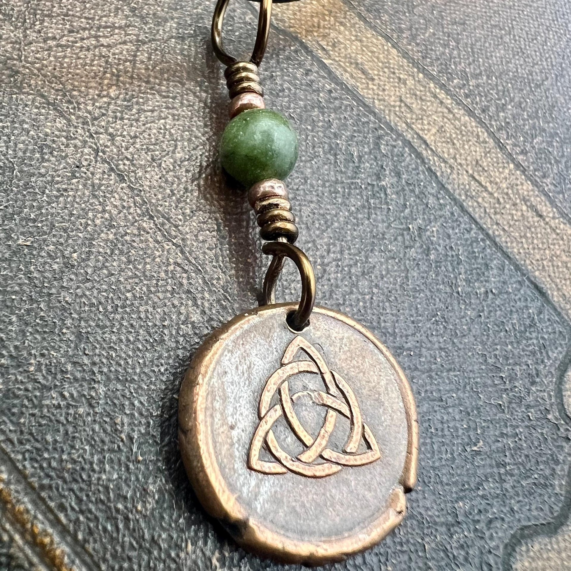 Copper Trinity Knot, Triquetra, Wax Seal Charm, Connemara Marble, Irish Celtic Jewelry, Pagan, 7th Anniversary, Triple Goddess, Celtic Witch