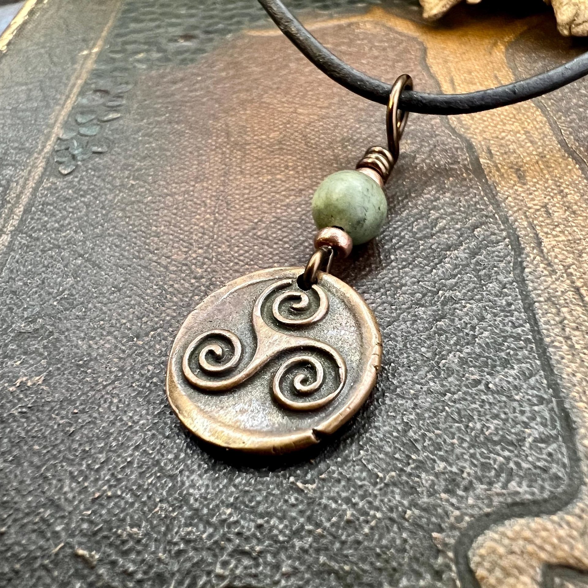 Triskele Charm, Copper Necklace, Wax Seal Charm, Connemara Marble, Irish Celtic Pagan, 7 Anniversary, Celtic Witch, Triskelion Triple Spiral