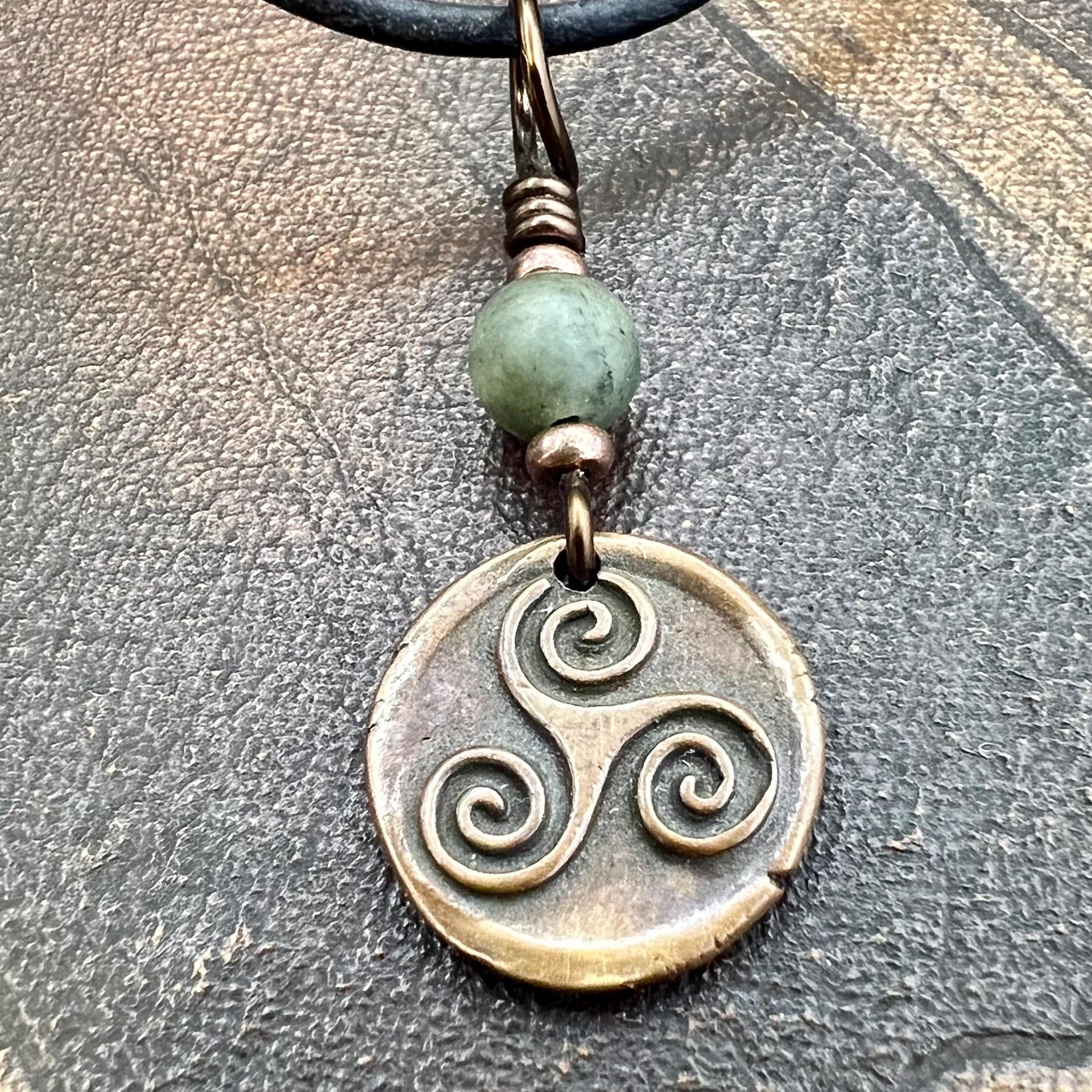 Triskele Charm, Copper Necklace, Wax Seal Charm, Connemara Marble, Irish Celtic Pagan, 7 Anniversary, Celtic Witch, Triskelion Triple Spiral