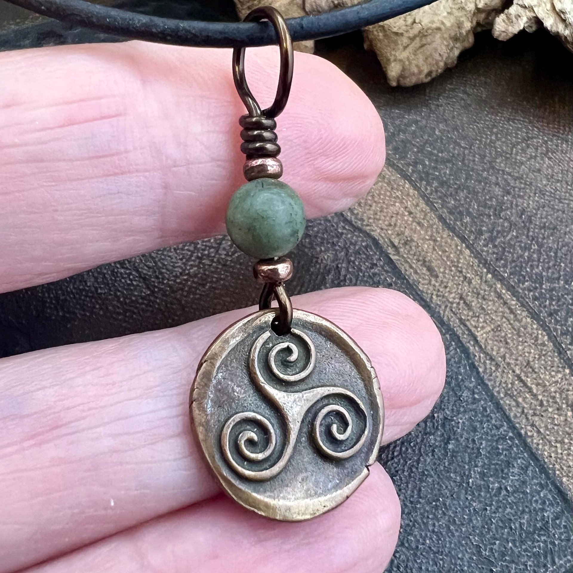 Triskele Charm, Copper Necklace, Wax Seal Charm, Connemara Marble, Irish Celtic Pagan, 7 Anniversary, Celtic Witch, Triskelion Triple Spiral